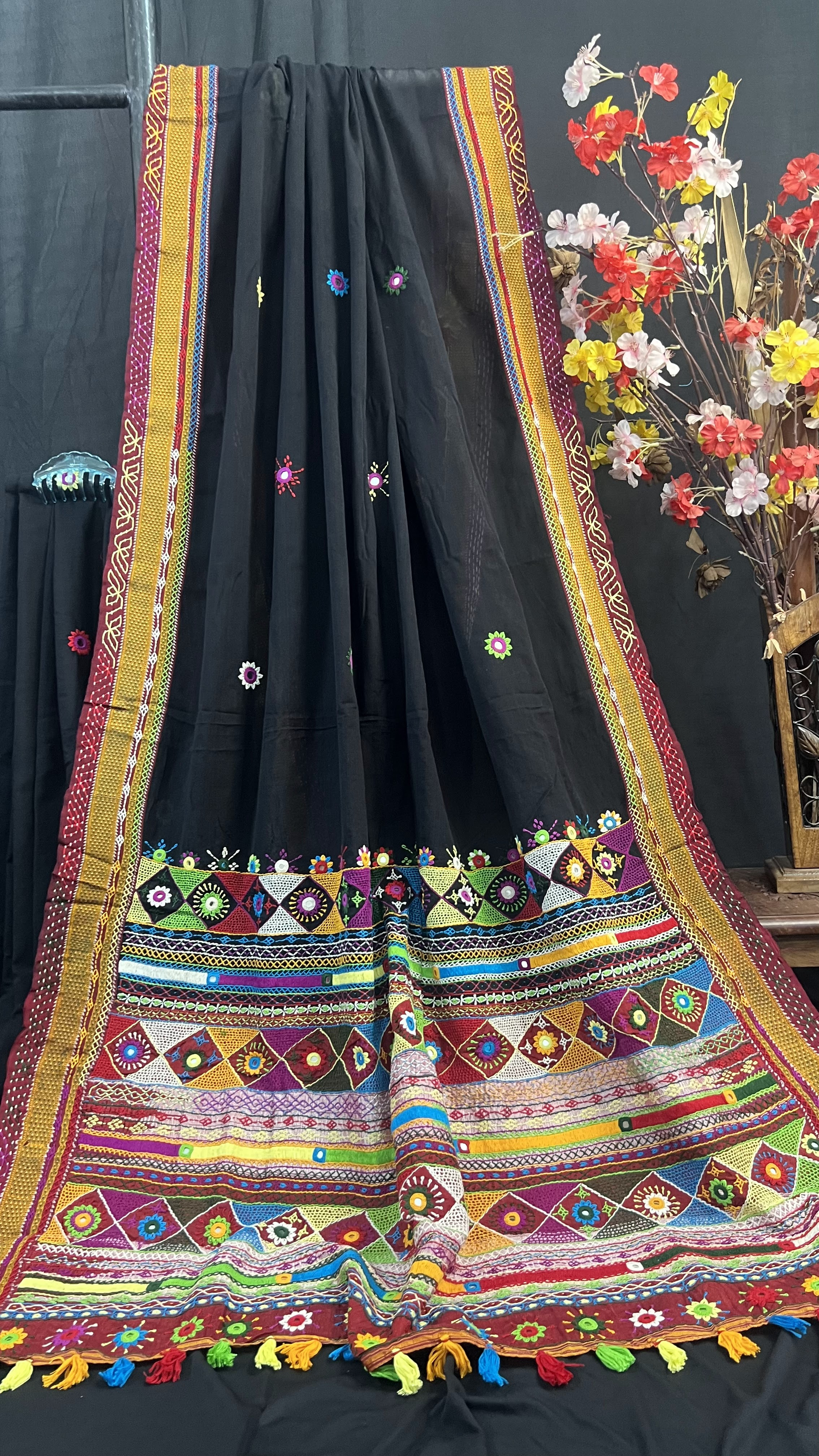 Handmade Lambani Embroidered Pure Cotton Saree with Running Blouse Piece