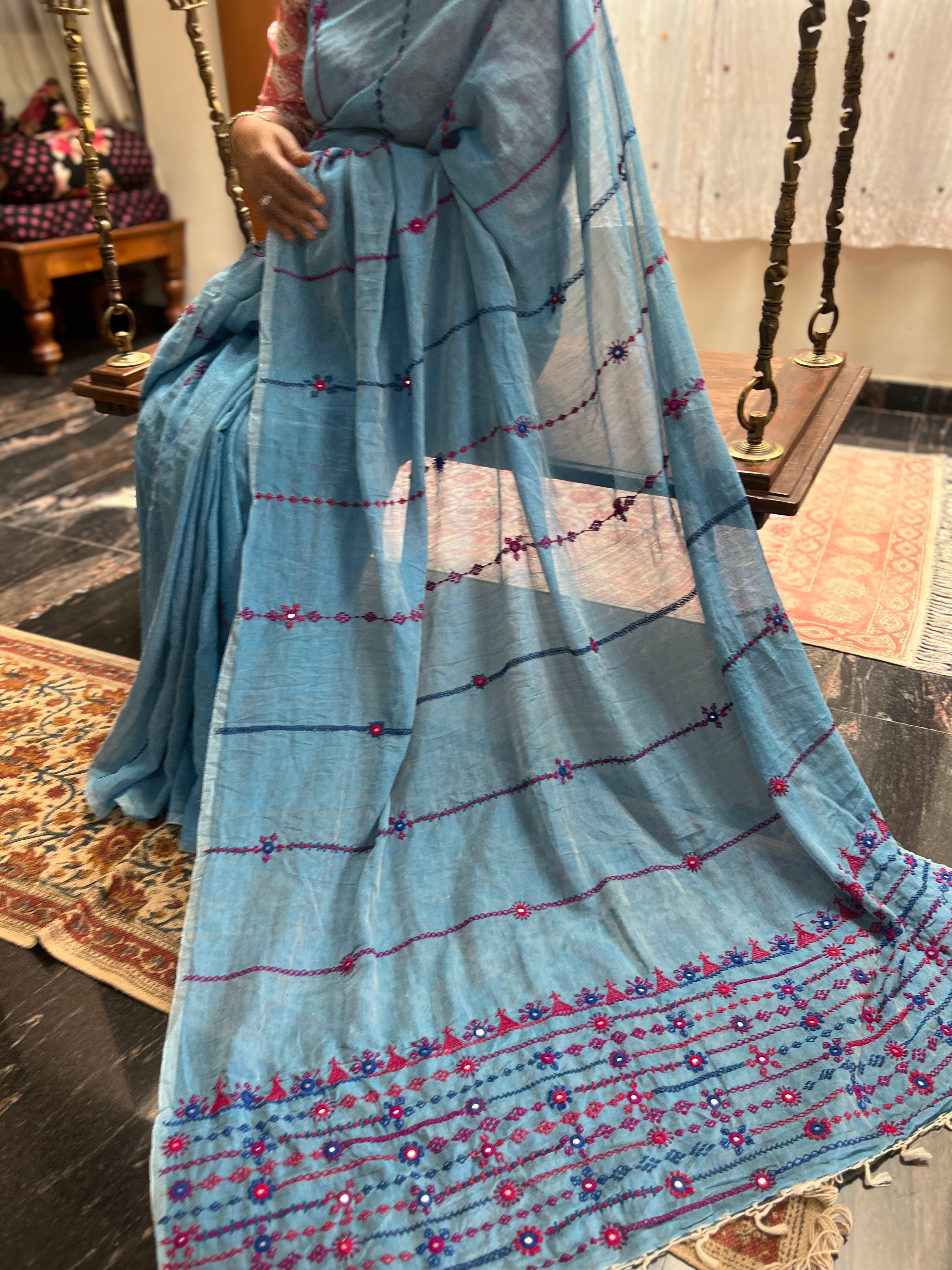 Pure cotton mirror work saree