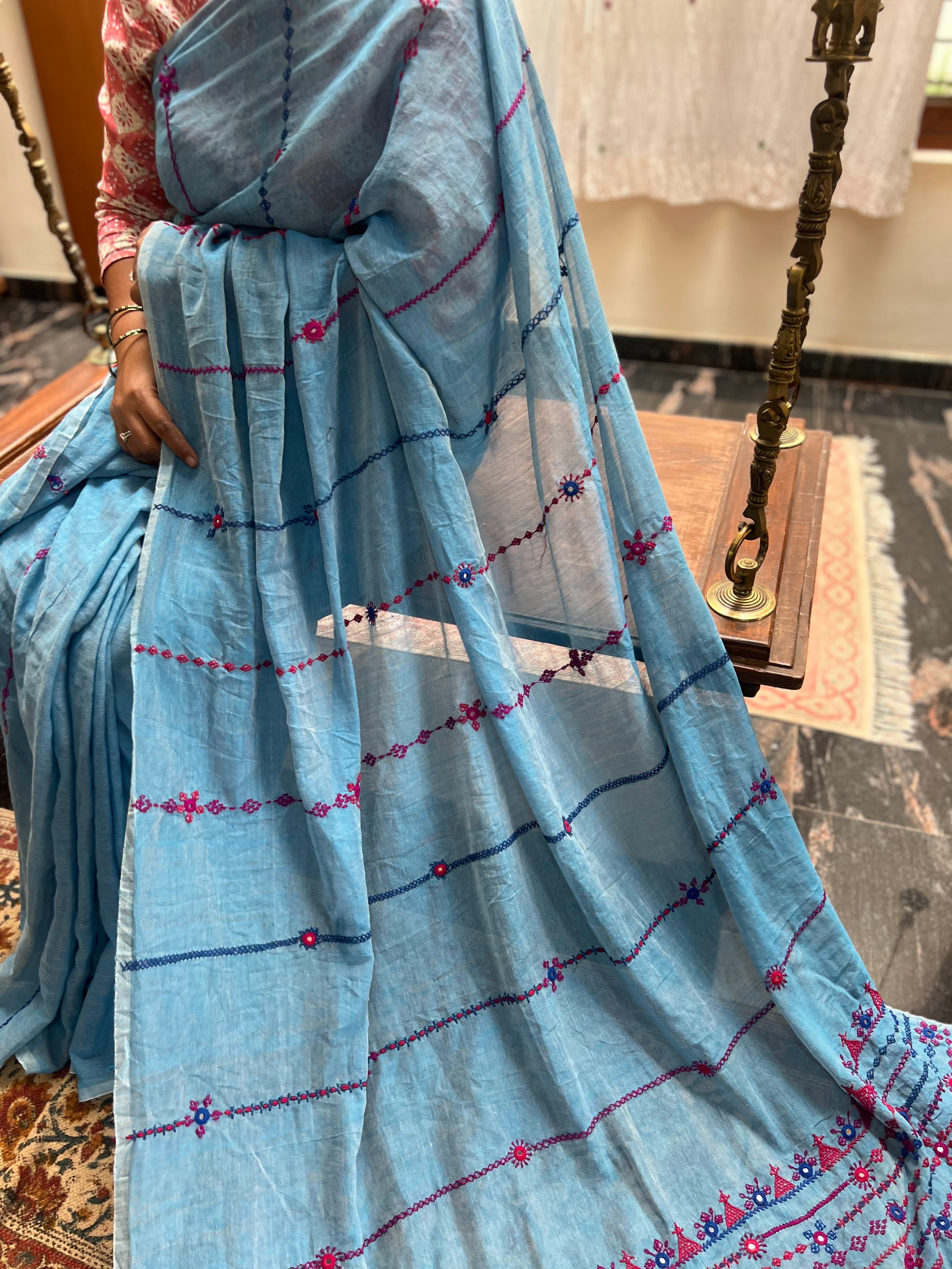 Pure cotton mirror work saree