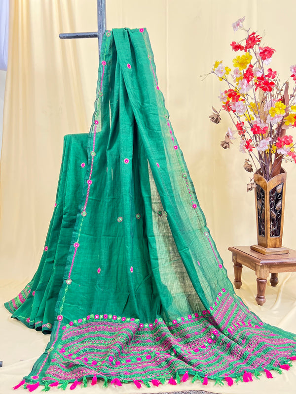 Lambani Embroidered Green Saree | Handcrafted Cotton Ethnic Saree