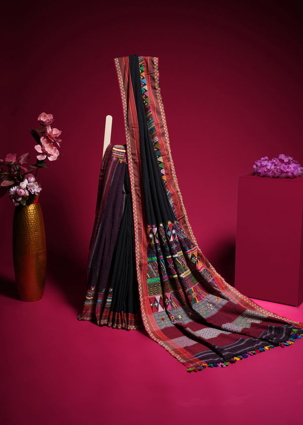 Ilkal Cotton Lambani Saree  Black & Deep Maroon Handcrafted Heavy Embroidered Saree