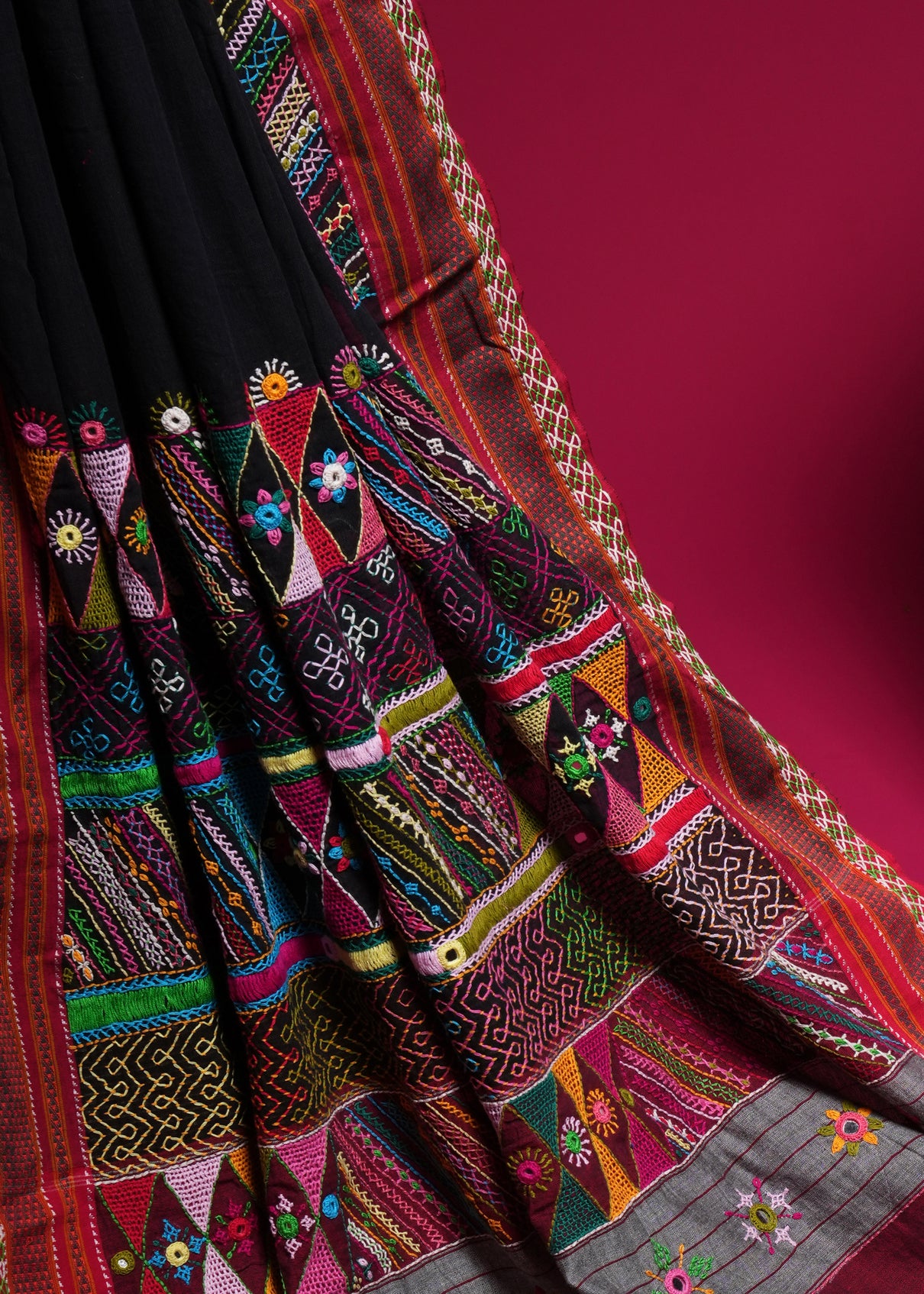 Ilkal Cotton Lambani Saree  Black & Deep Maroon Handcrafted Heavy Embroidered Saree