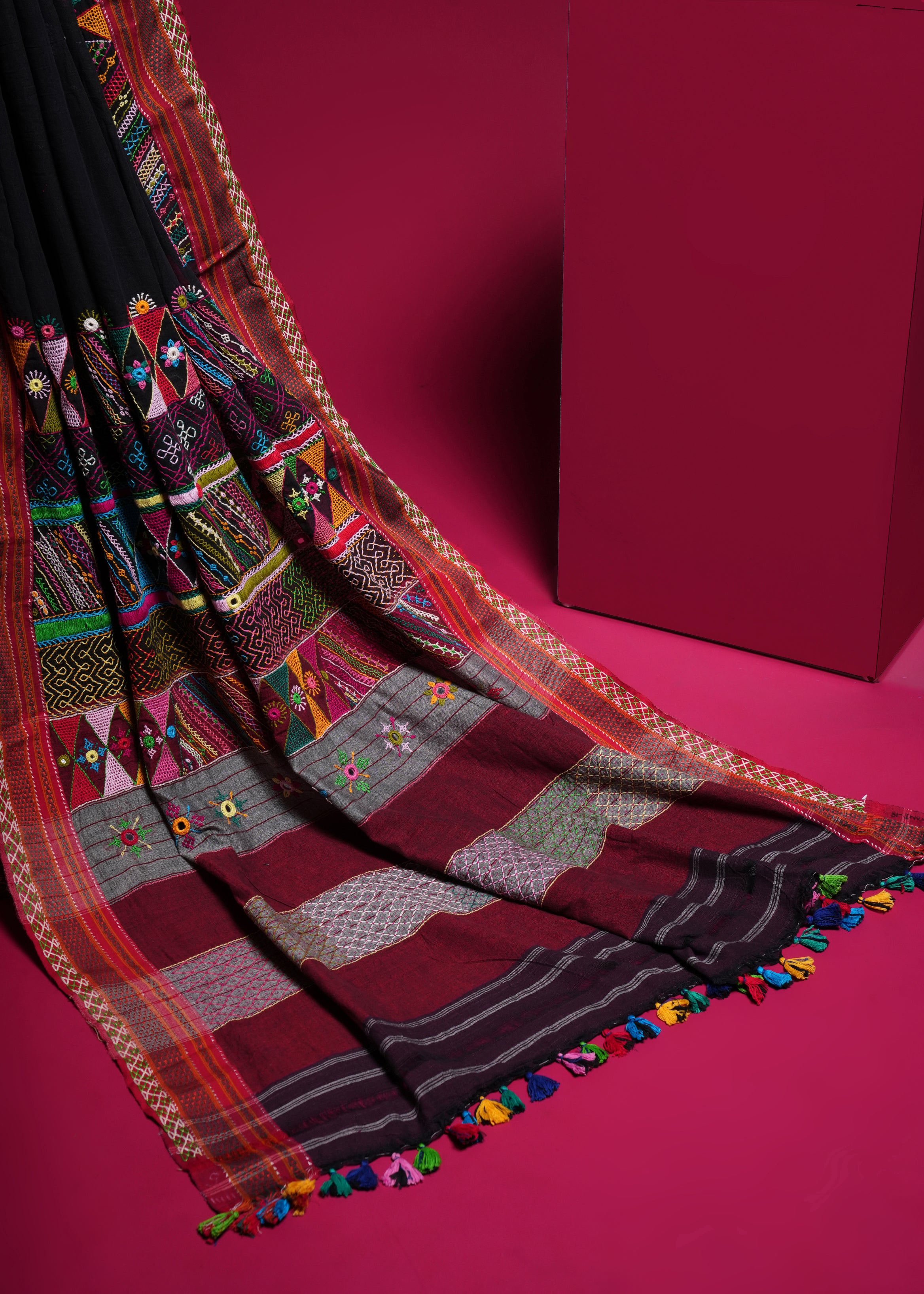 Ilkal Cotton Lambani Saree  Black & Deep Maroon Handcrafted Heavy Embroidered Saree