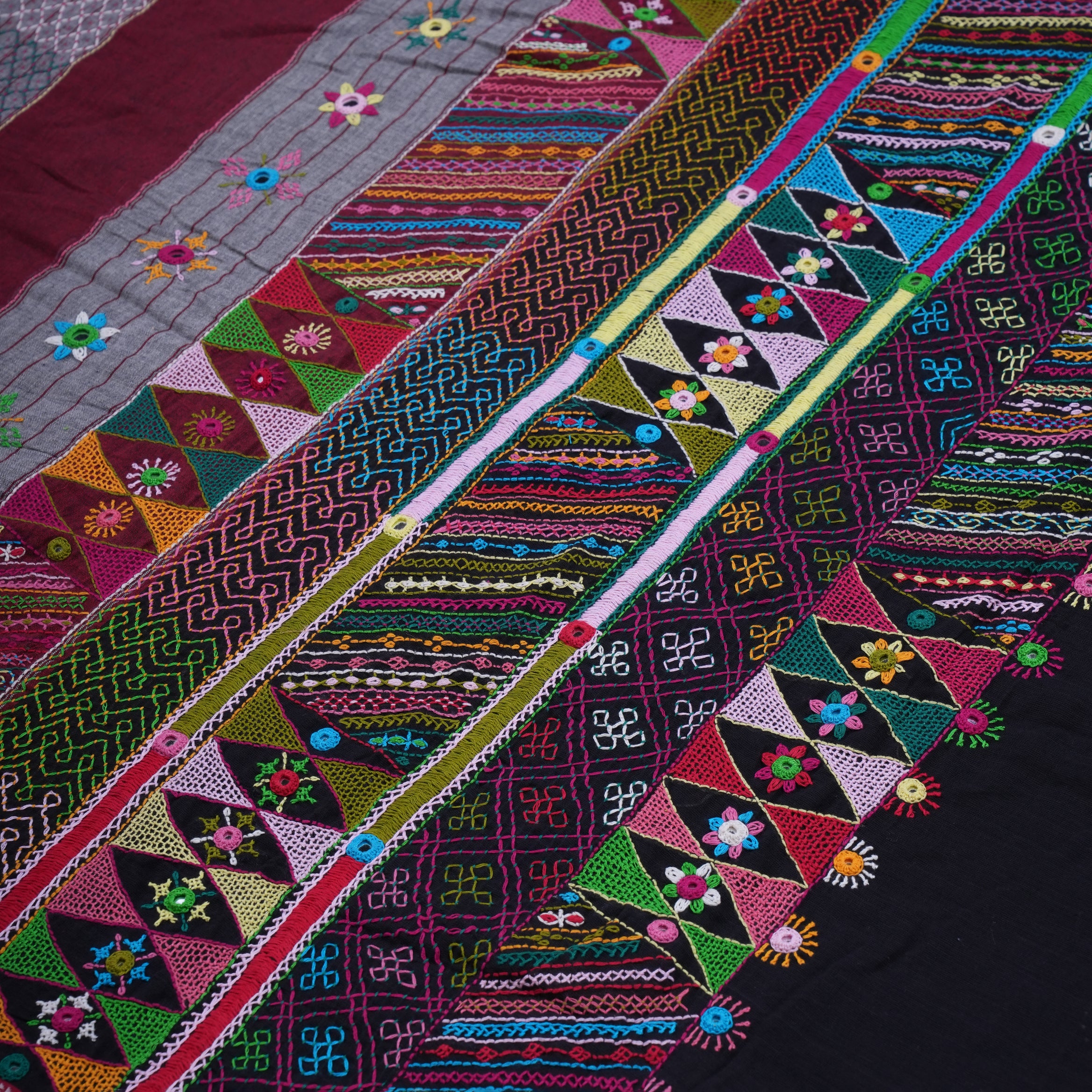 Ilkal Cotton Lambani Saree  Black & Deep Maroon Handcrafted Heavy Embroidered Saree