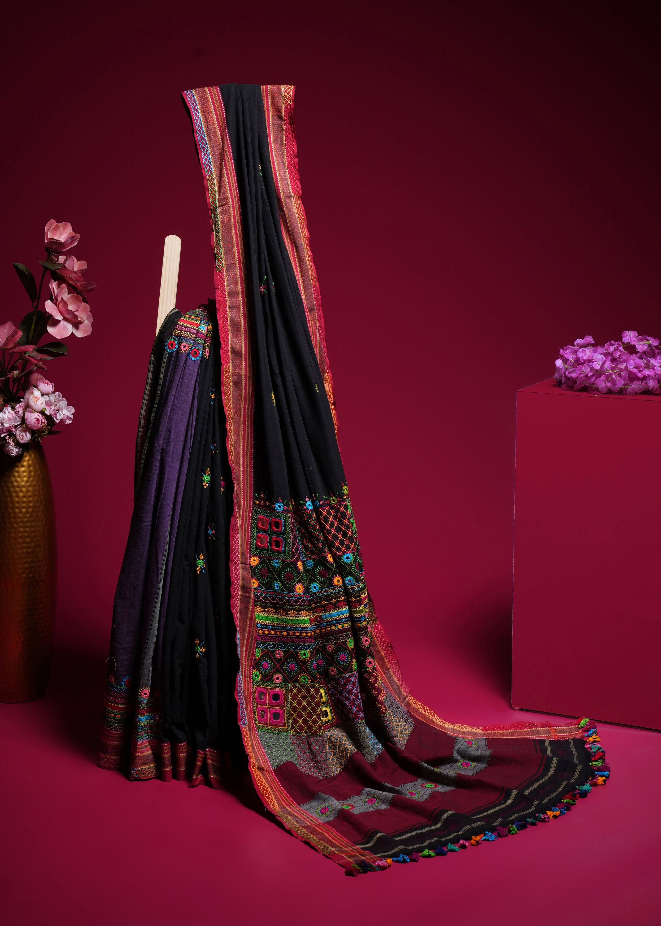 Ilkal Cotton Lambani Saree | Black & Deep Maroon Heavy Embroidered Saree