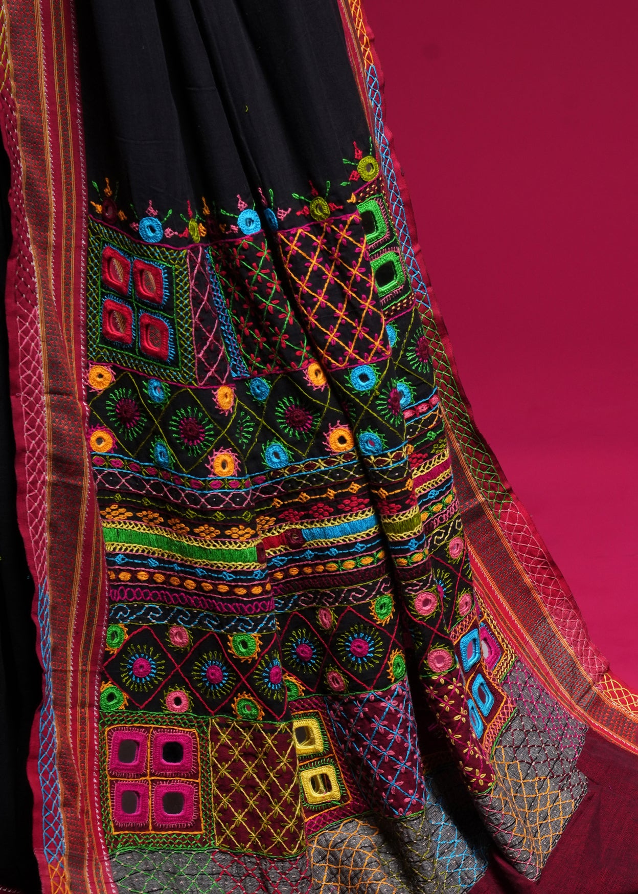 Ilkal Cotton Lambani Saree | Black & Deep Maroon Heavy Embroidered Saree
