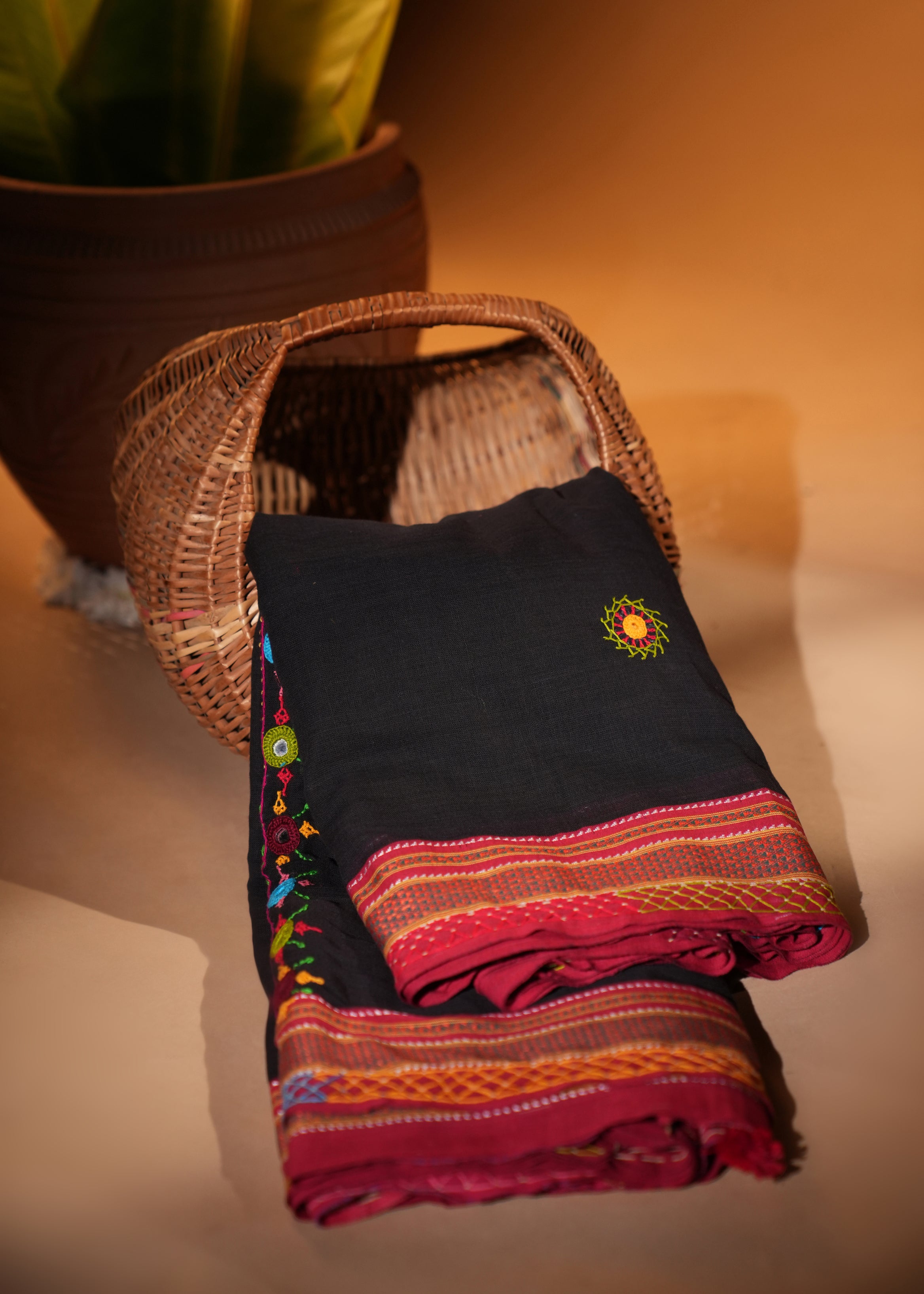 Ilkal Cotton Lambani Saree | Black & Deep Maroon Heavy Embroidered Saree