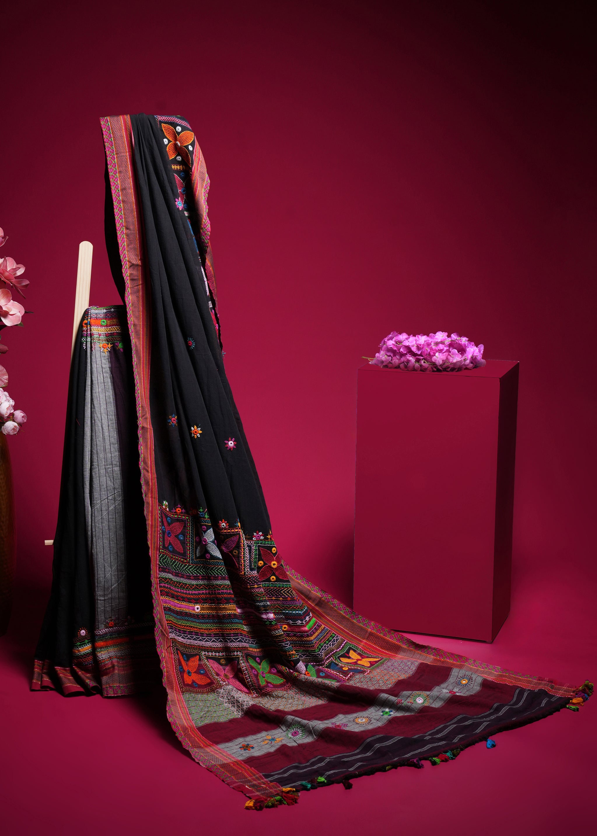 Ilkal Cotton Lambani Saree | Black & Maroon Embroidered Cotton Saree