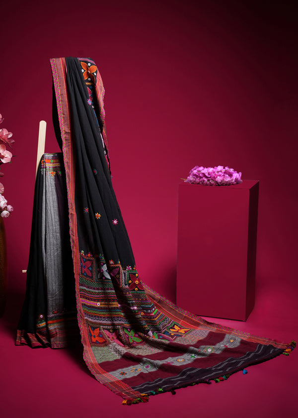 Ilkal Cotton Lambani Saree | Black & Maroon Embroidered Cotton Saree