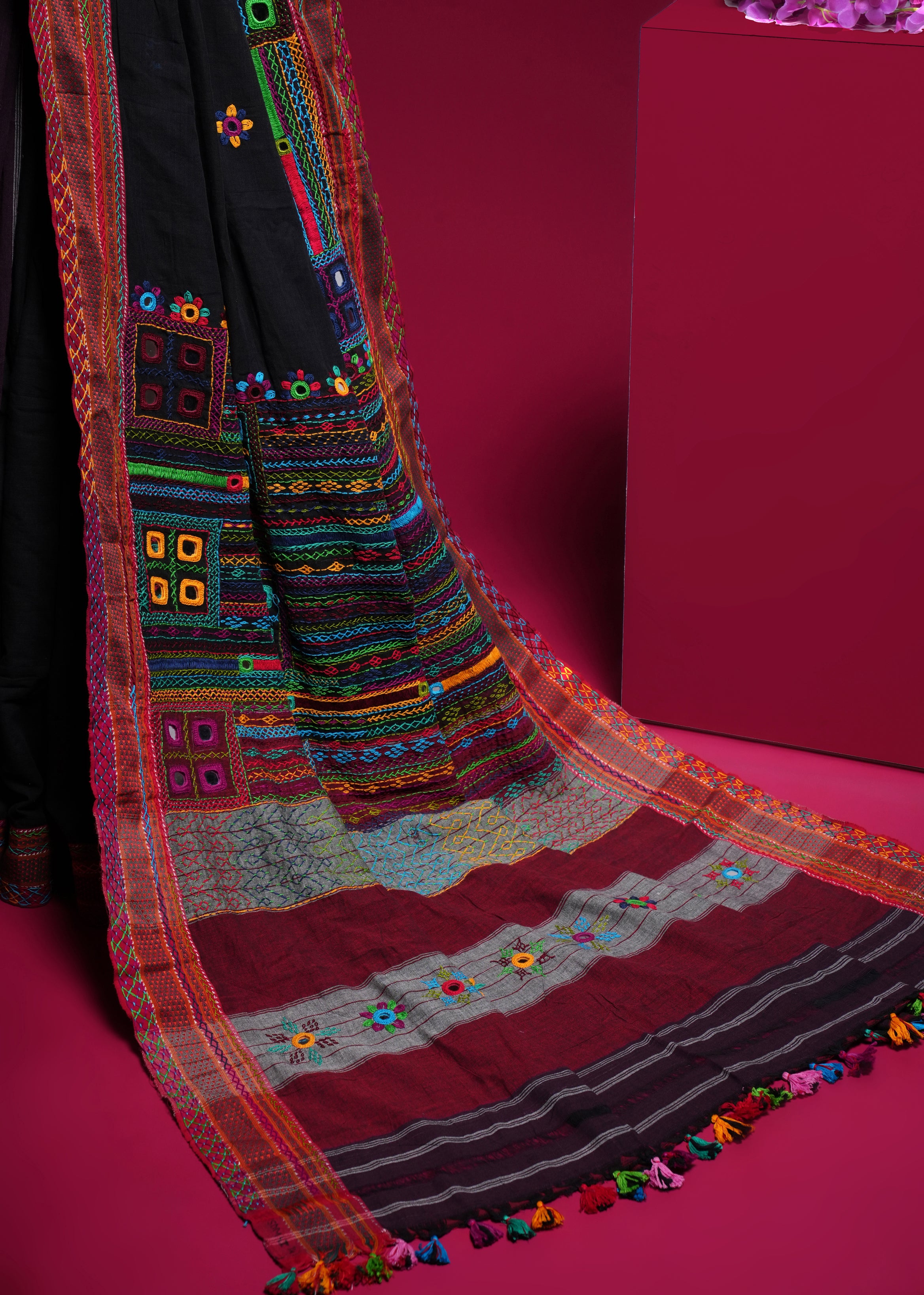 Ilkal Cotton Lambani Saree | Black & Maroon Embroidered Cotton Saree