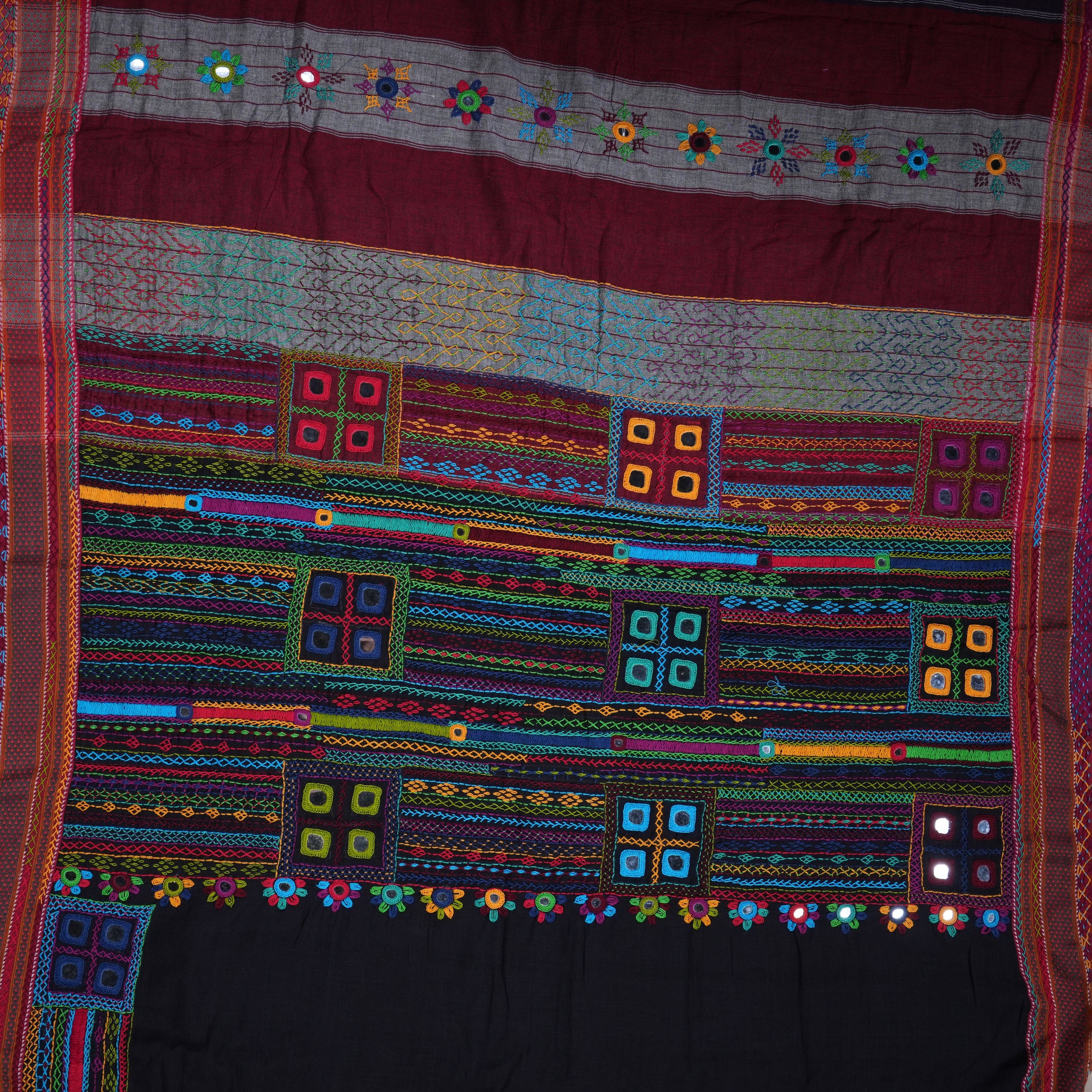Ilkal Cotton Lambani Saree | Black & Maroon Embroidered Cotton Saree