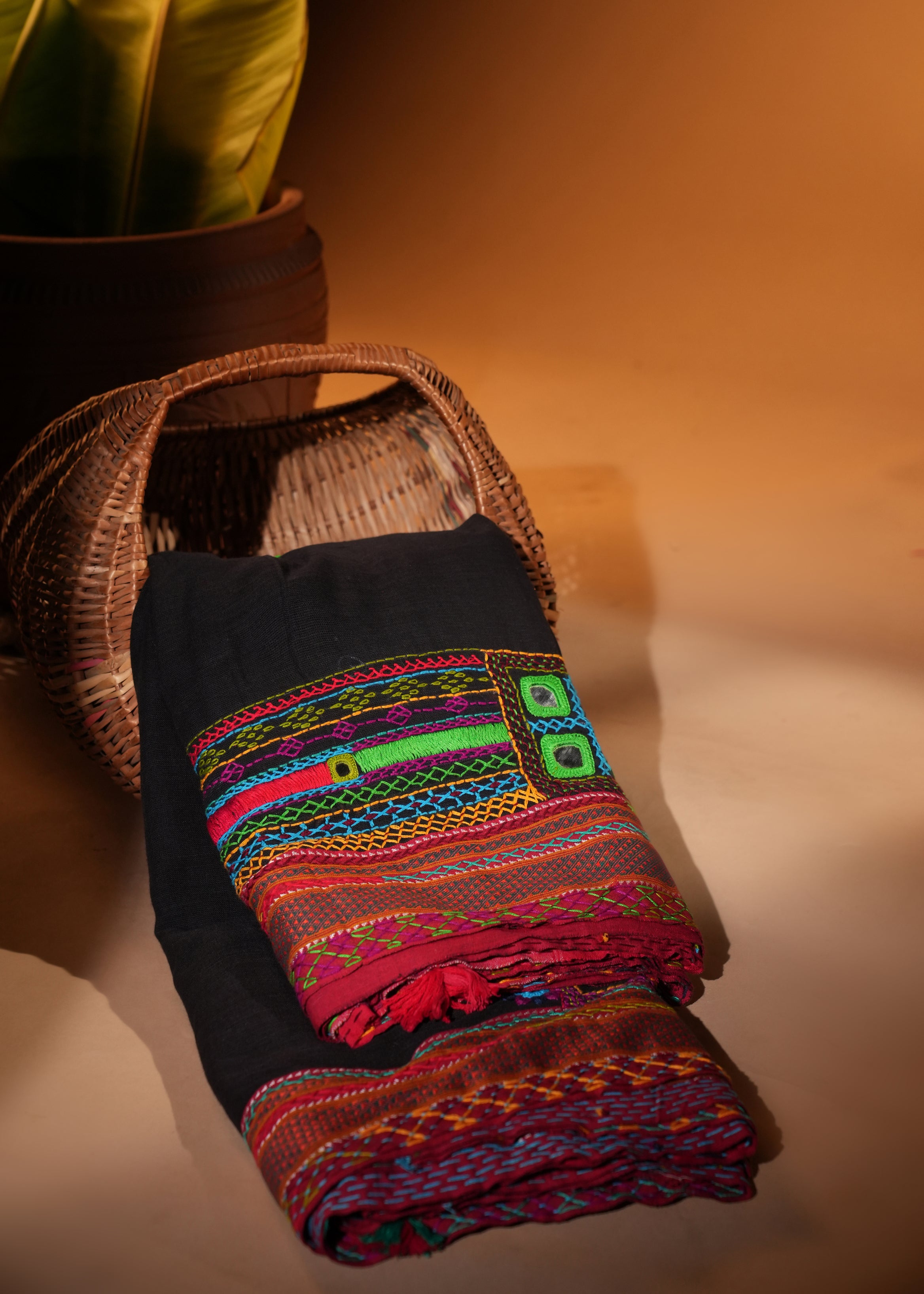 Ilkal Cotton Lambani Saree | Black & Maroon Embroidered Cotton Saree