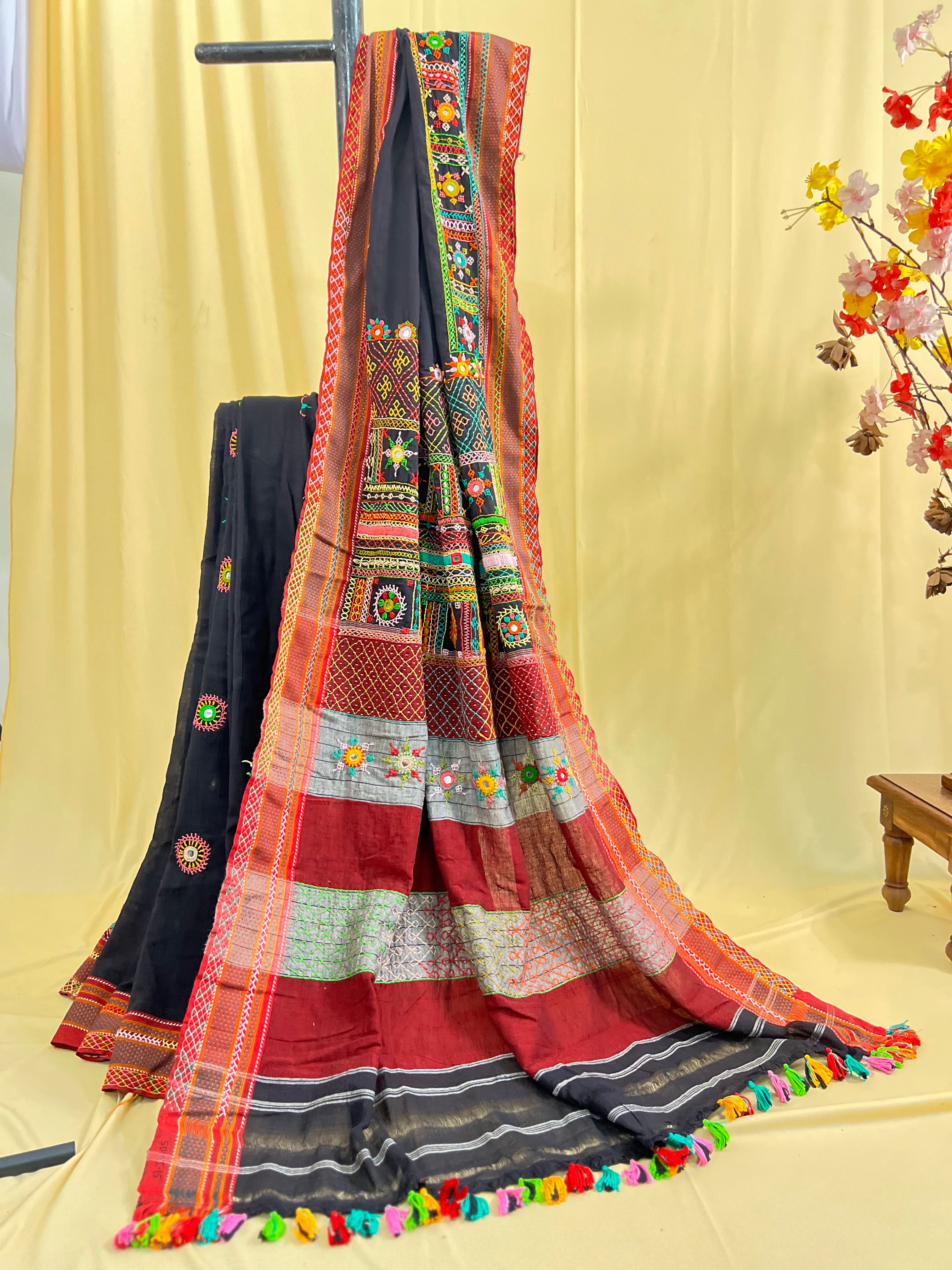 Ilkal Cotton Lambani Saree | Black & Maroon Handcrafted Embroidered Saree