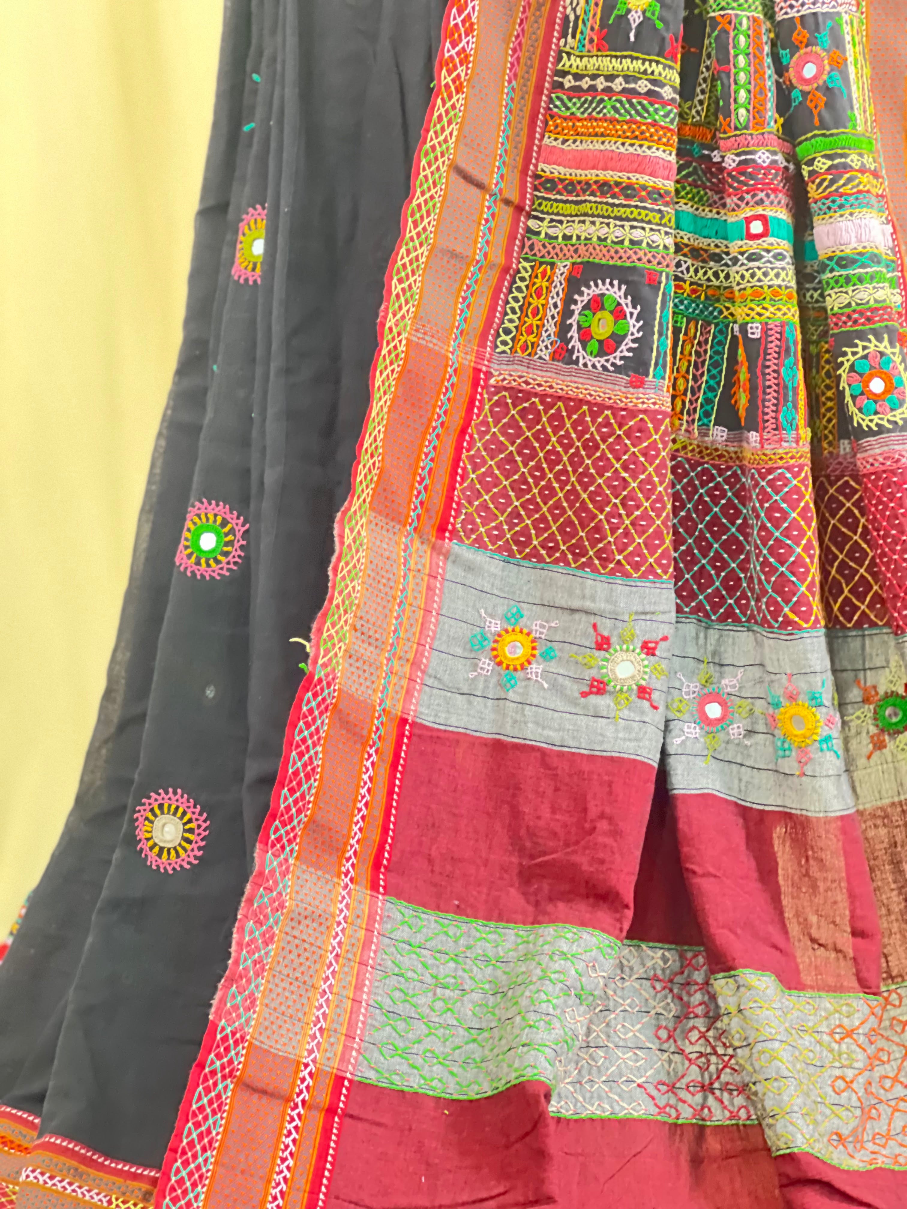 Ilkal Cotton Lambani Saree | Black & Maroon Handcrafted Embroidered Saree