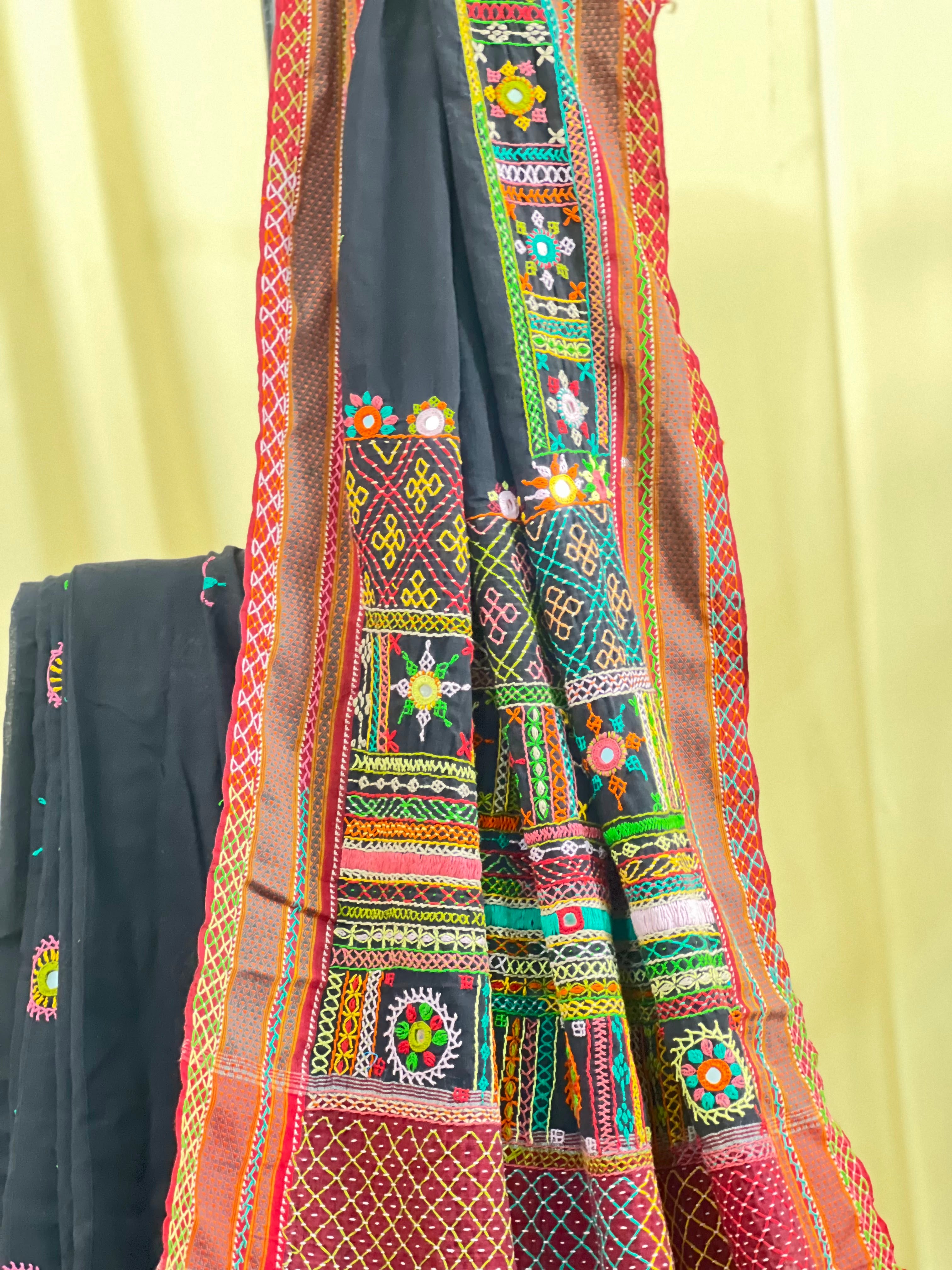 Ilkal Cotton Lambani Saree | Black & Maroon Handcrafted Embroidered Saree