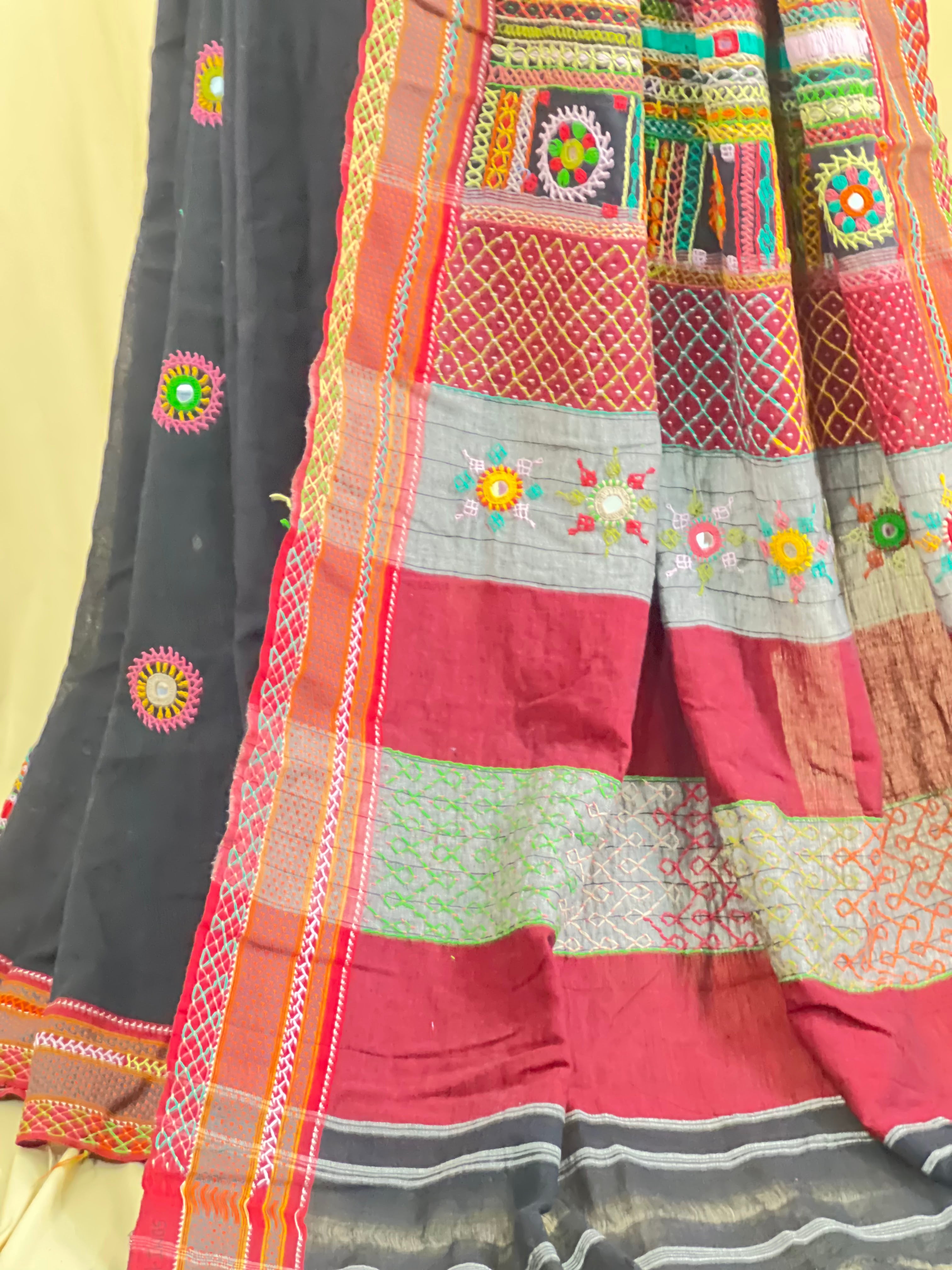 Ilkal Cotton Lambani Saree | Black & Maroon Handcrafted Embroidered Saree