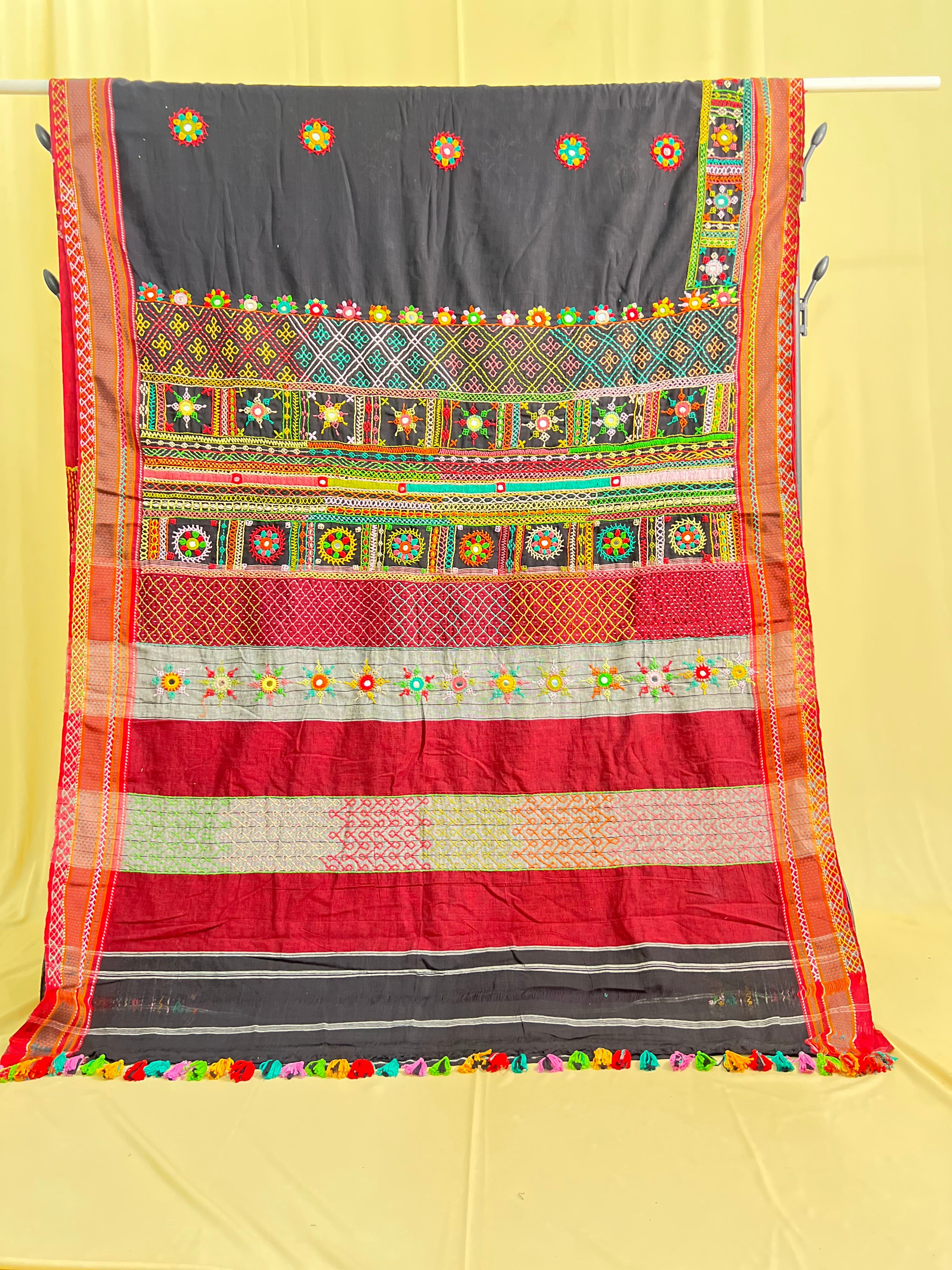 Ilkal Cotton Lambani Saree | Black & Maroon Handcrafted Embroidered Saree