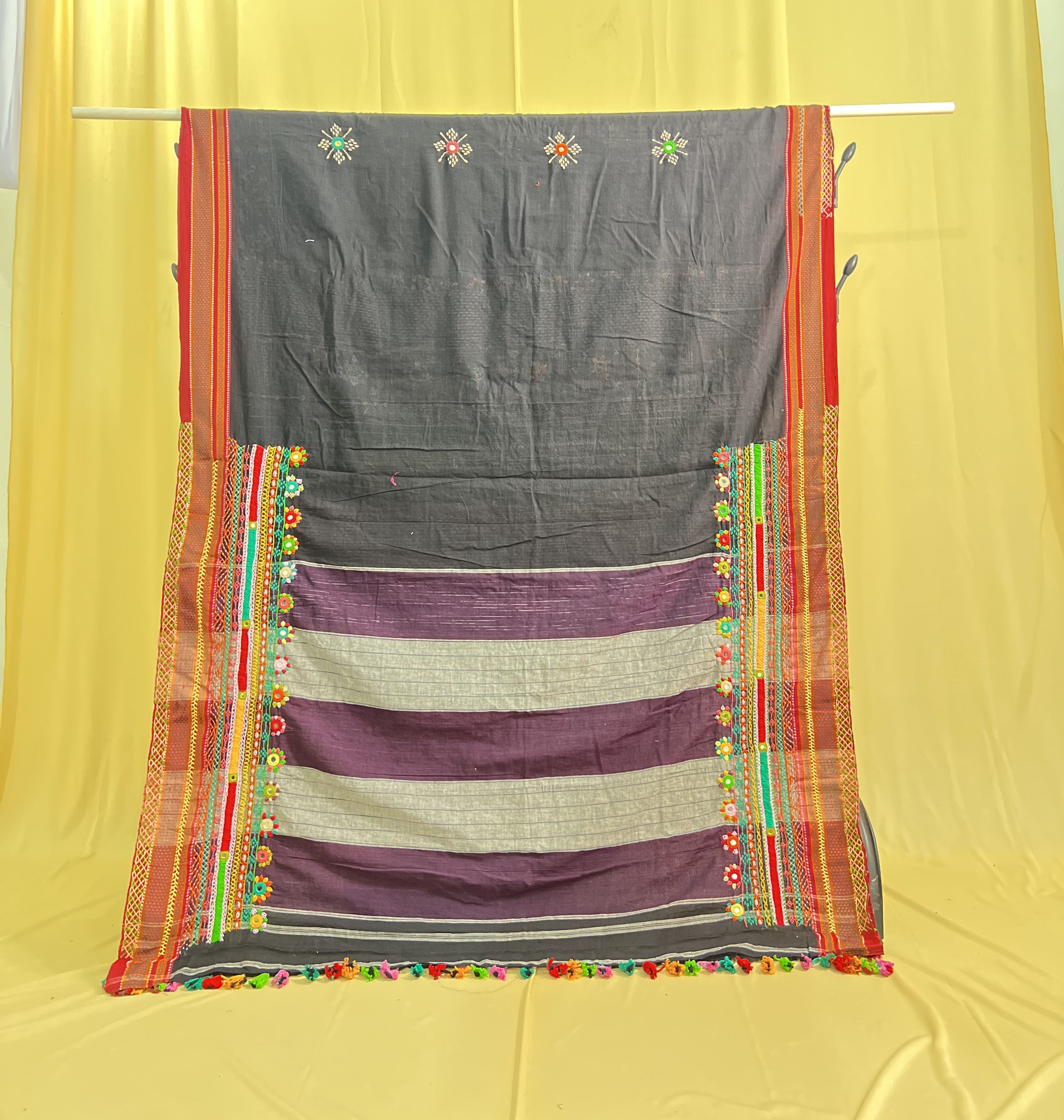 Ilkal Cotton Lambani Saree | Black & Maroon Handcrafted Embroidered Saree
