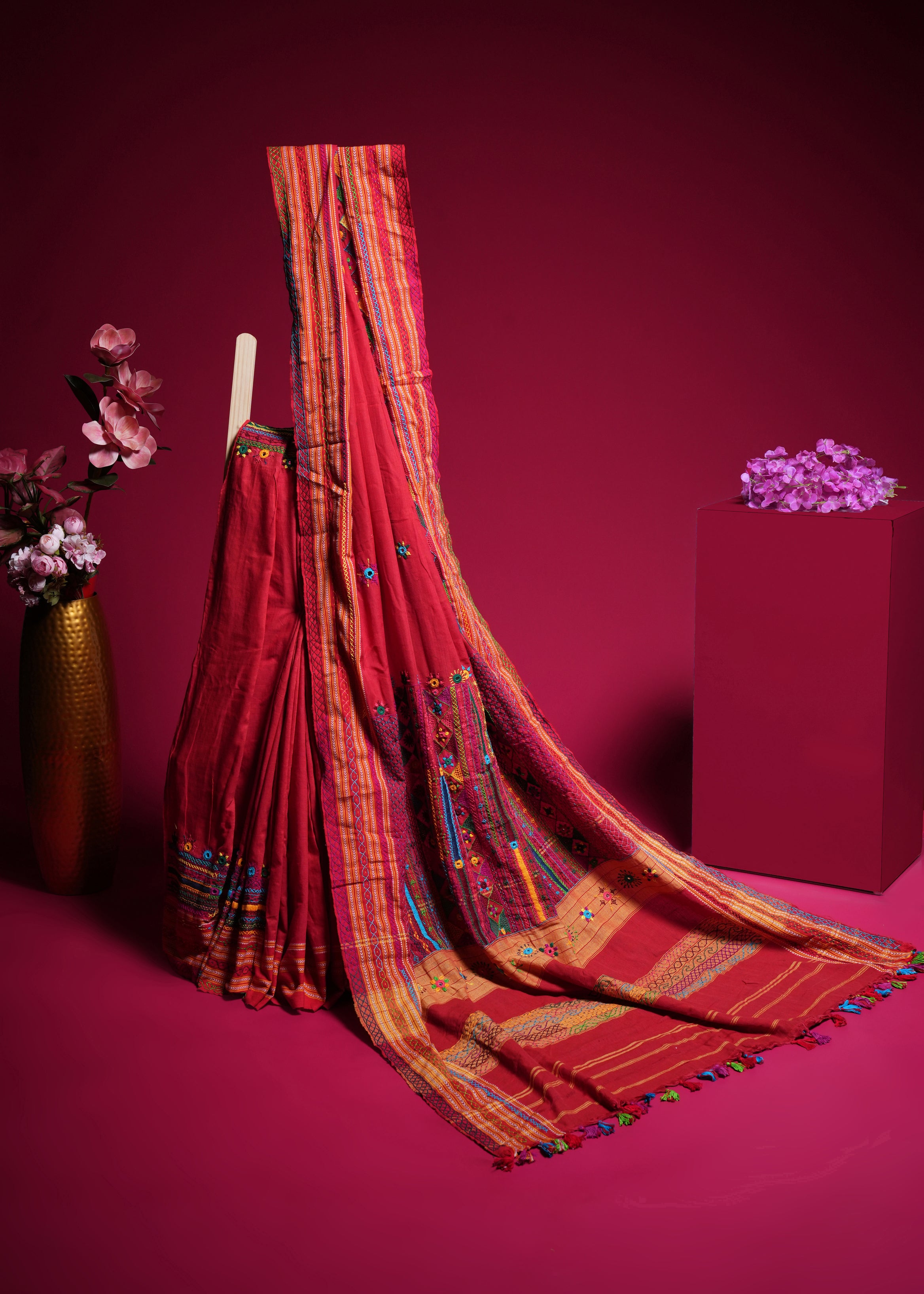 Ilkal Cotton Lambani Saree | Deep Red Handcrafted Embroidered Saree