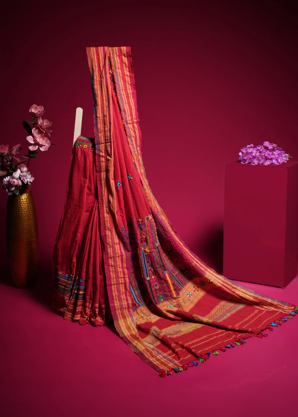 Ilkal Cotton Lambani Saree | Deep Red Handcrafted Embroidered Saree