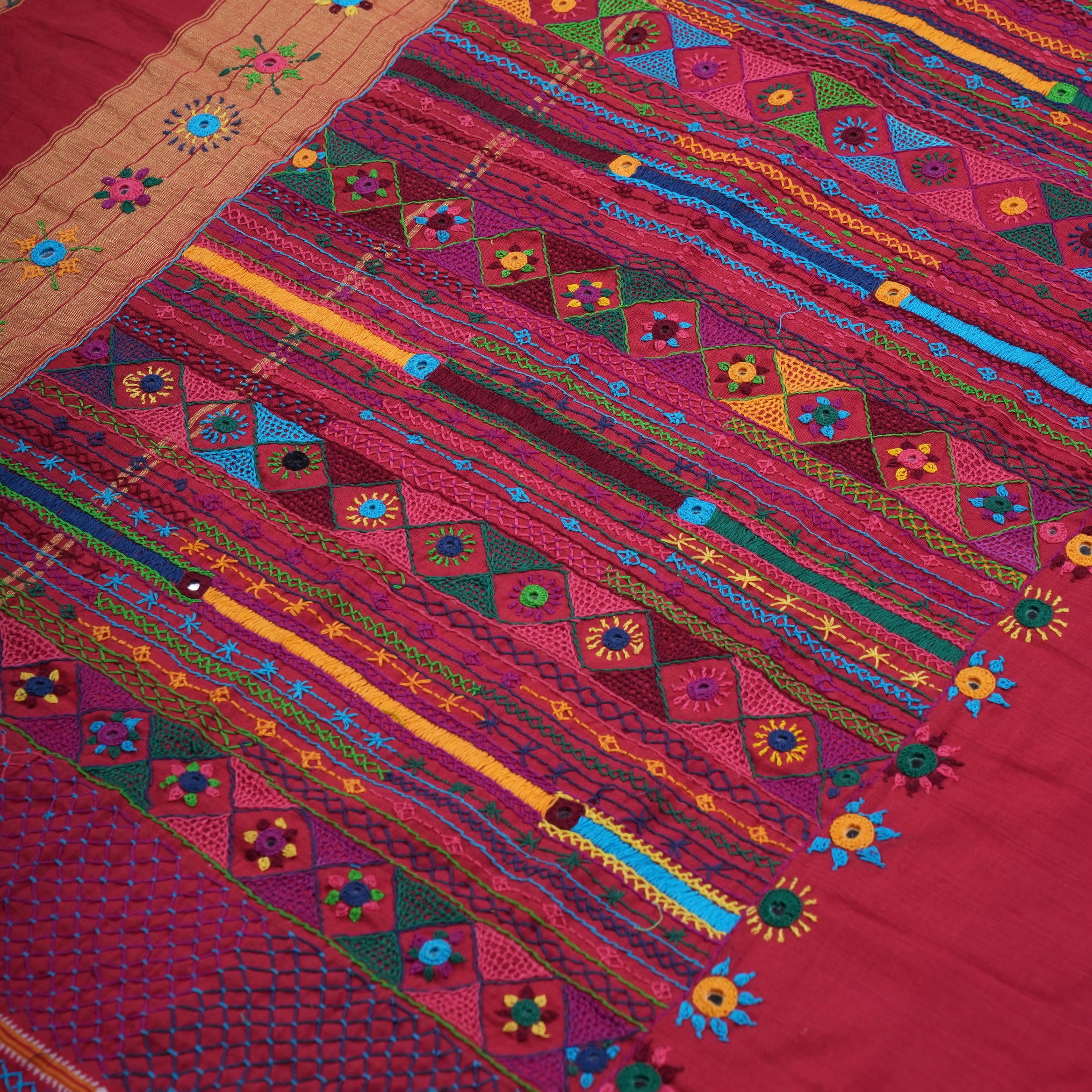 Ilkal Cotton Lambani Saree | Deep Red Handcrafted Embroidered Saree