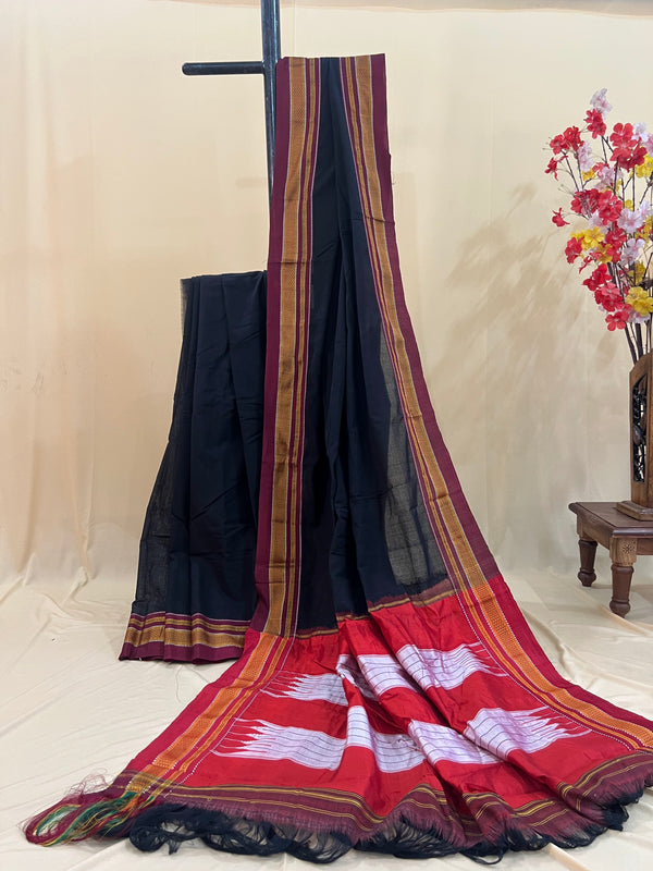 Black with Red & Gold Pallu Ilkal Cotton Silk Saree