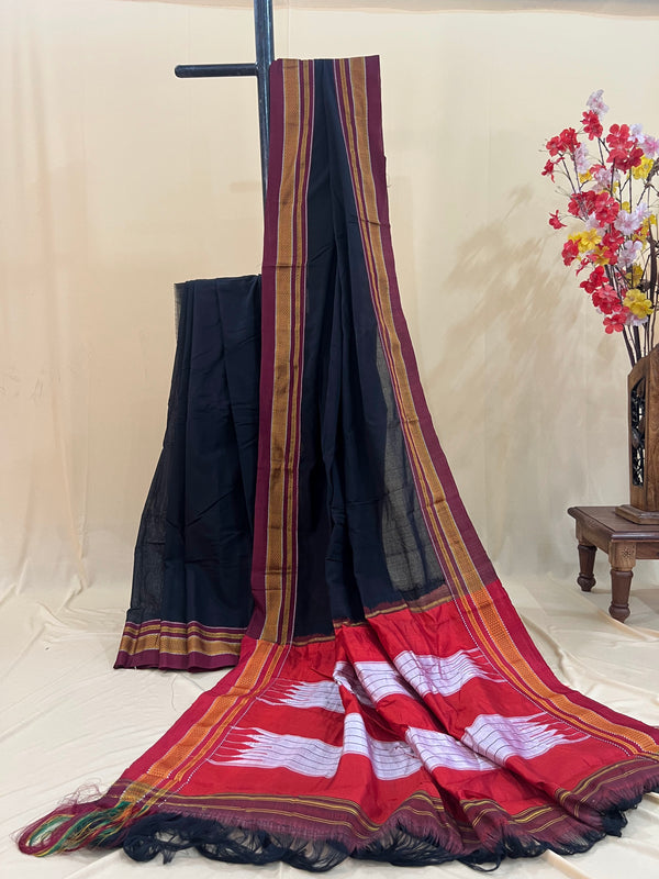 Black with Red & Gold Pallu Ilkal Cotton Silk Saree