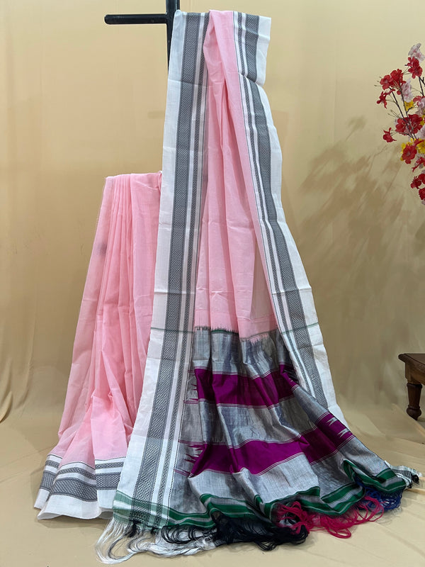 Blush Pink with Silver & Magenta Pallu Ilkal Cotton Silk Saree