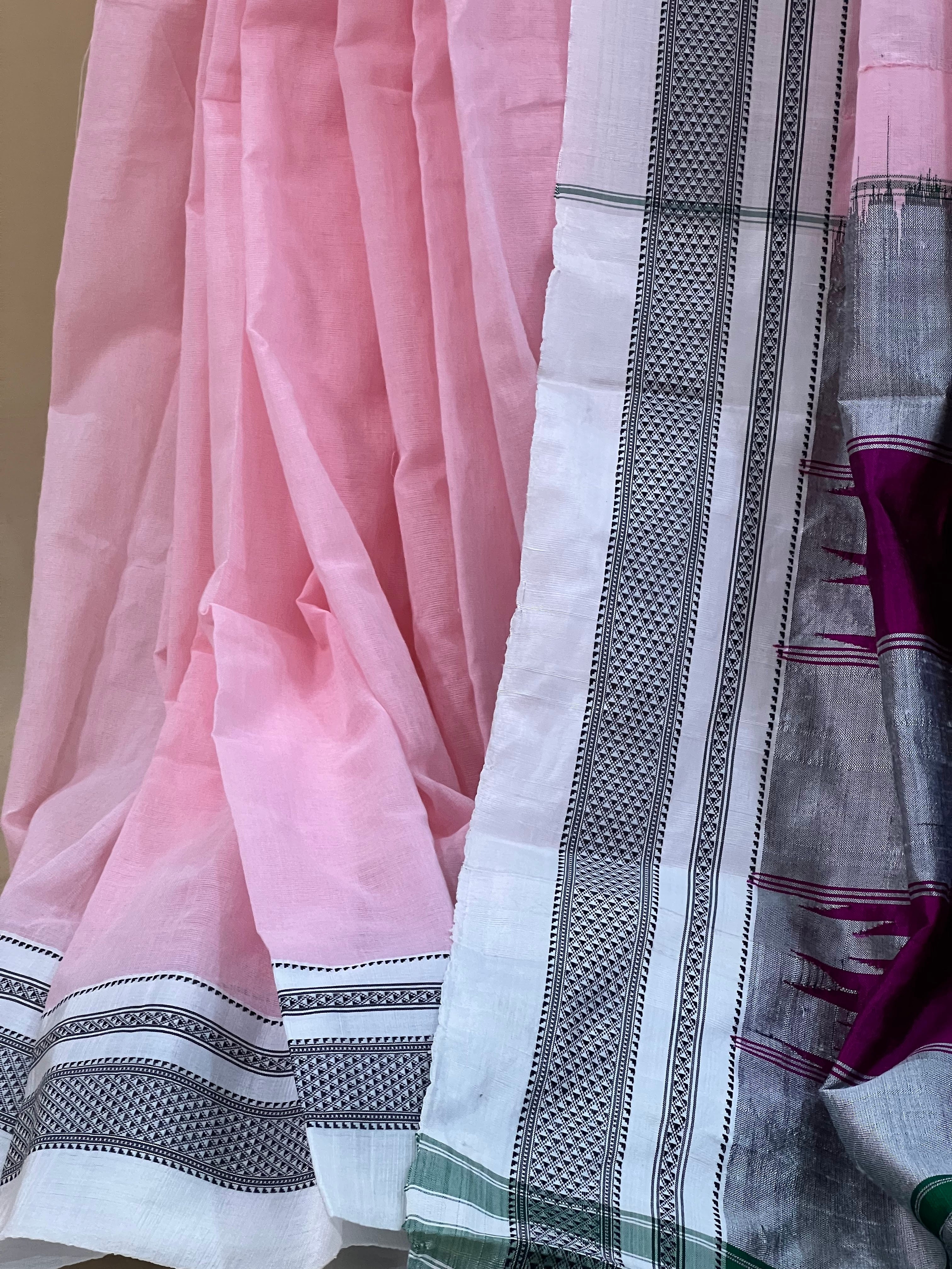 Blush Pink with Silver & Magenta Pallu Ilkal Cotton Silk Saree