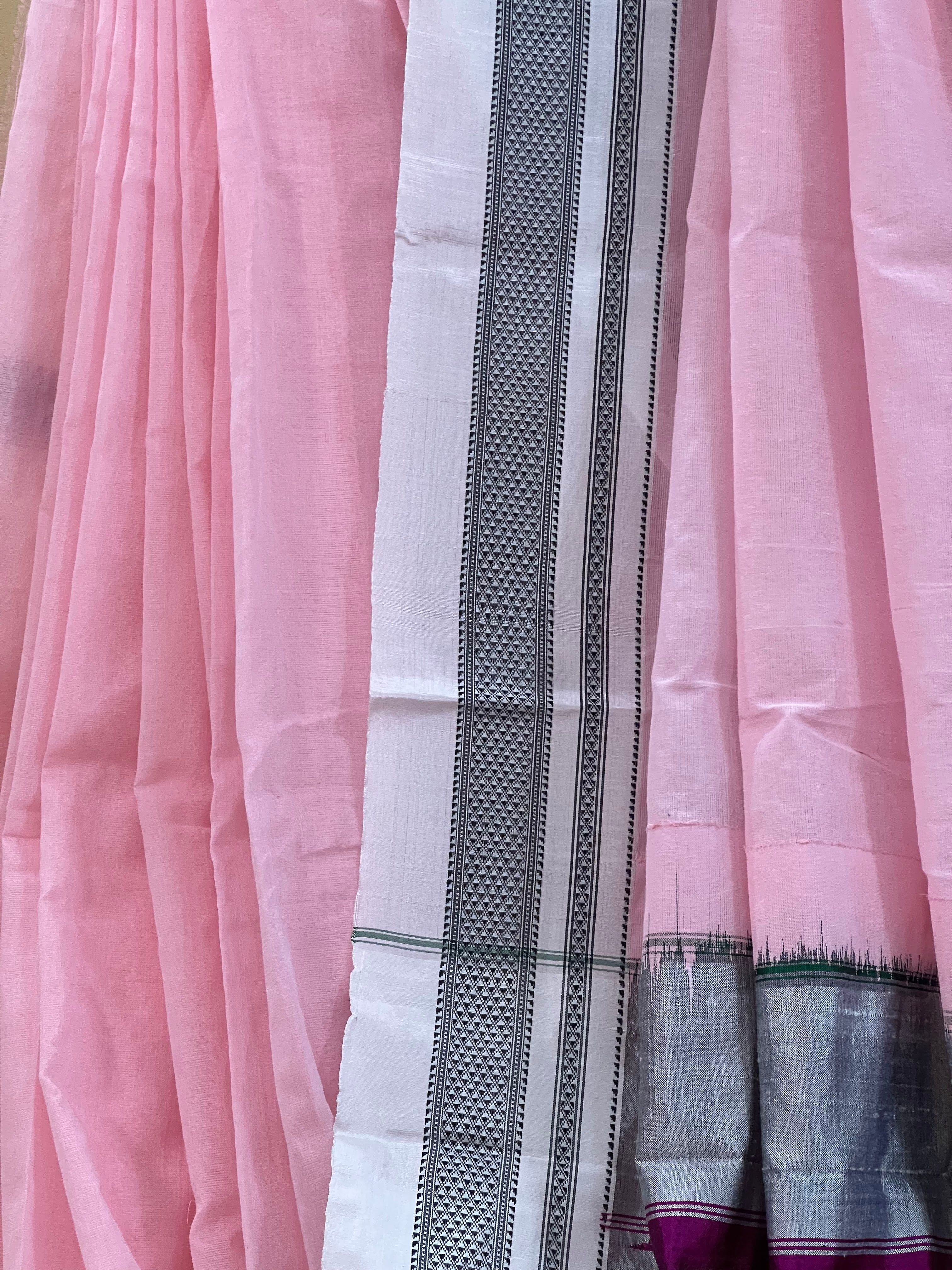 Blush Pink with Silver & Magenta Pallu Ilkal Cotton Silk Saree