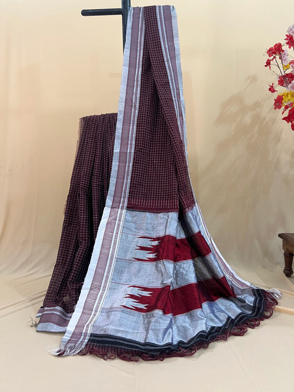 Deep Maroon Checkered with Silver Pallu Ilkal Cotton Silk Saree