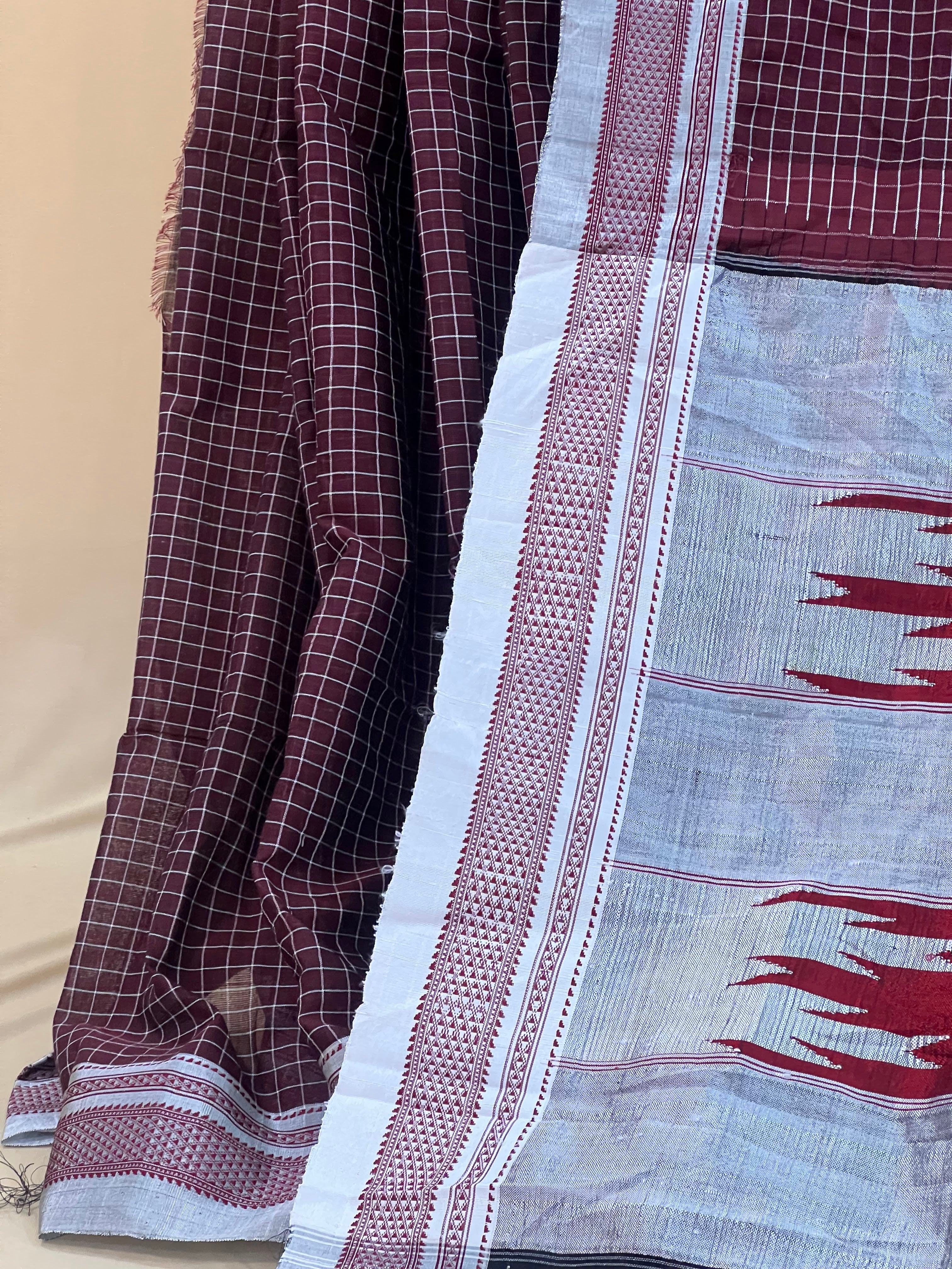 Deep Maroon Checkered with Silver Pallu Ilkal Cotton Silk Saree