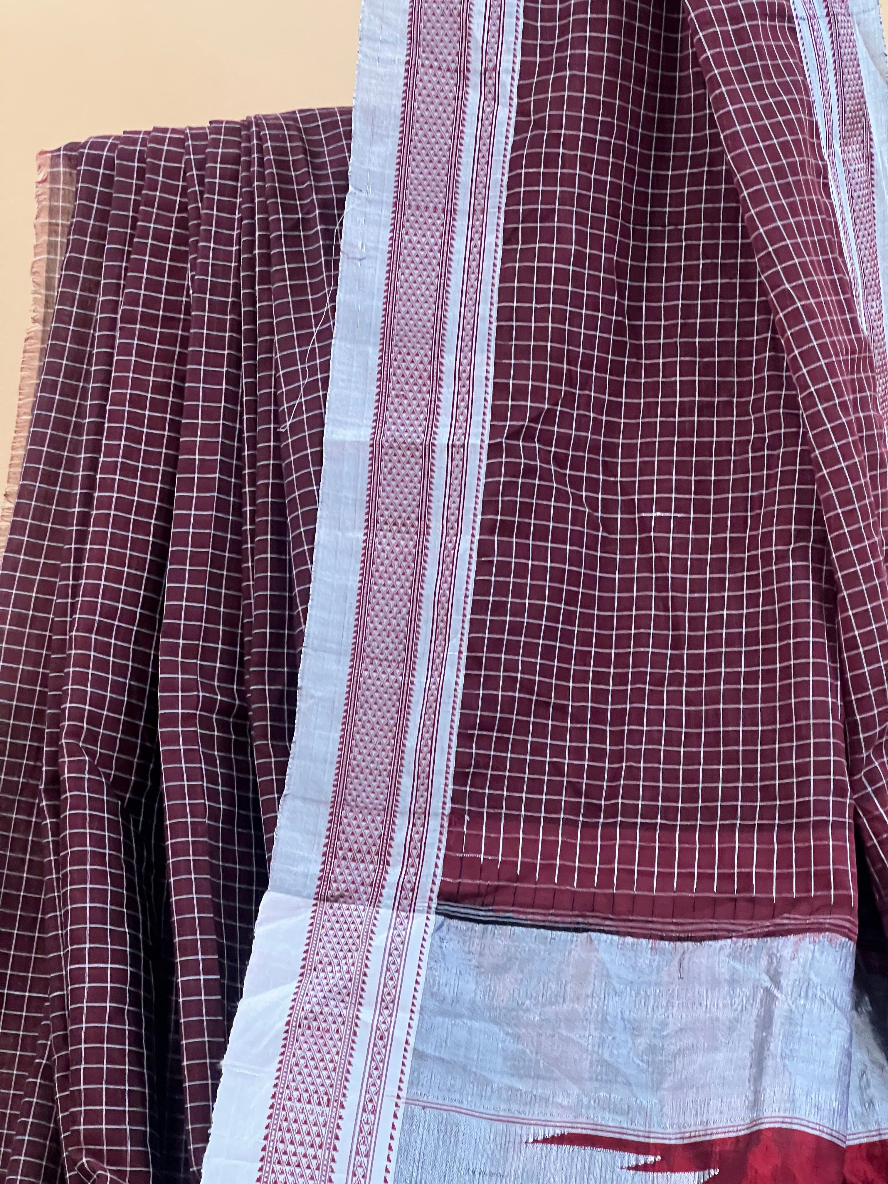 Deep Maroon Checkered with Silver Pallu Ilkal Cotton Silk Saree