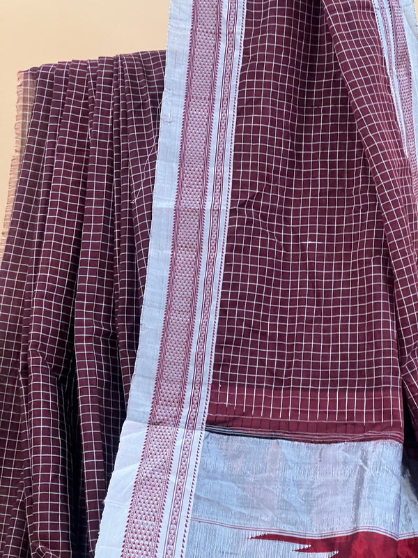 Deep Maroon Checkered with Silver Pallu Ilkal Cotton Silk Saree
