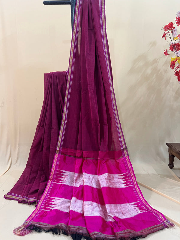 Deep Plum with Magenta Silk Pallu Ilkal Cotton Silk Saree