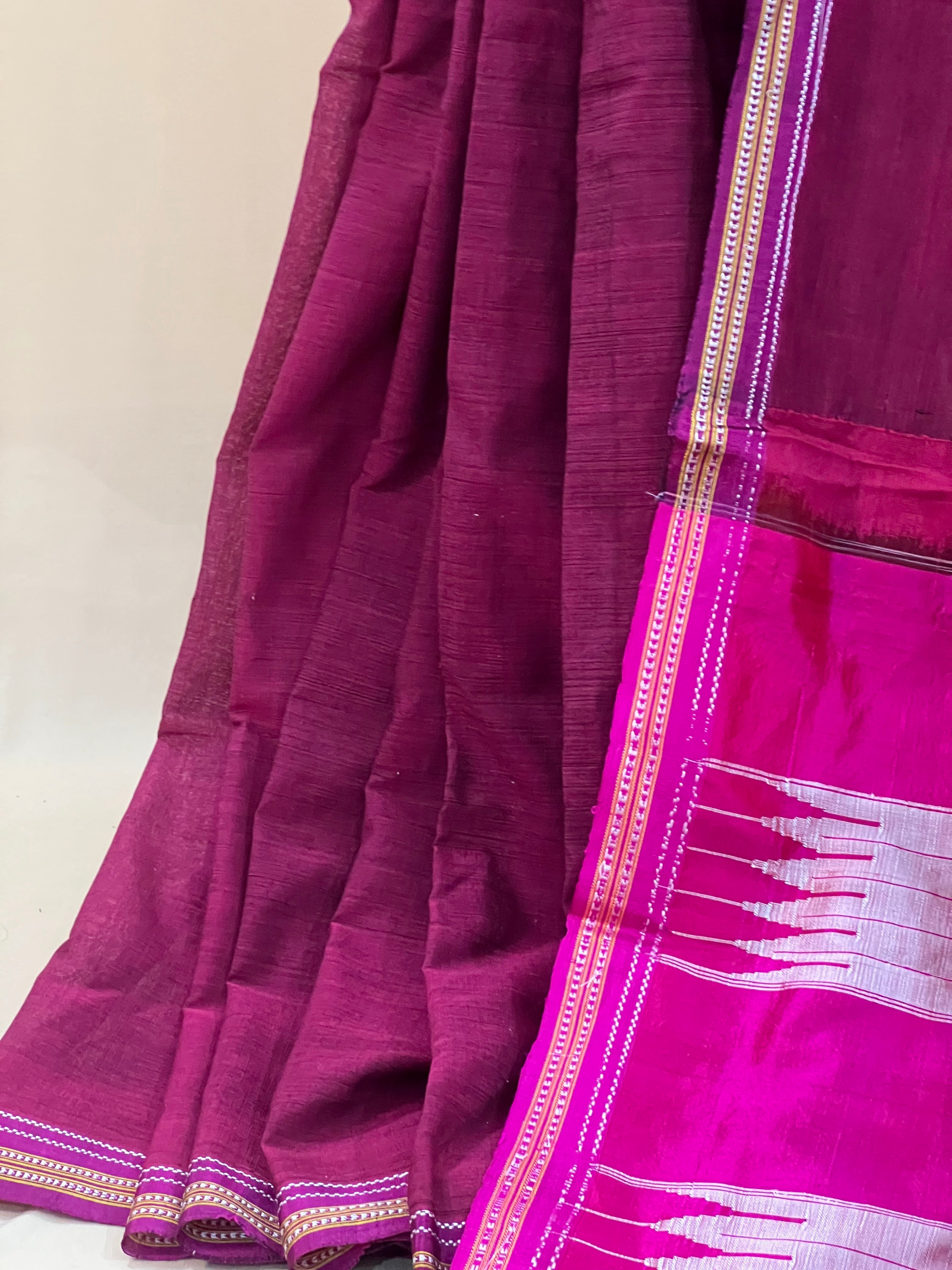 Deep Plum with Magenta Silk Pallu Ilkal Cotton Silk Saree