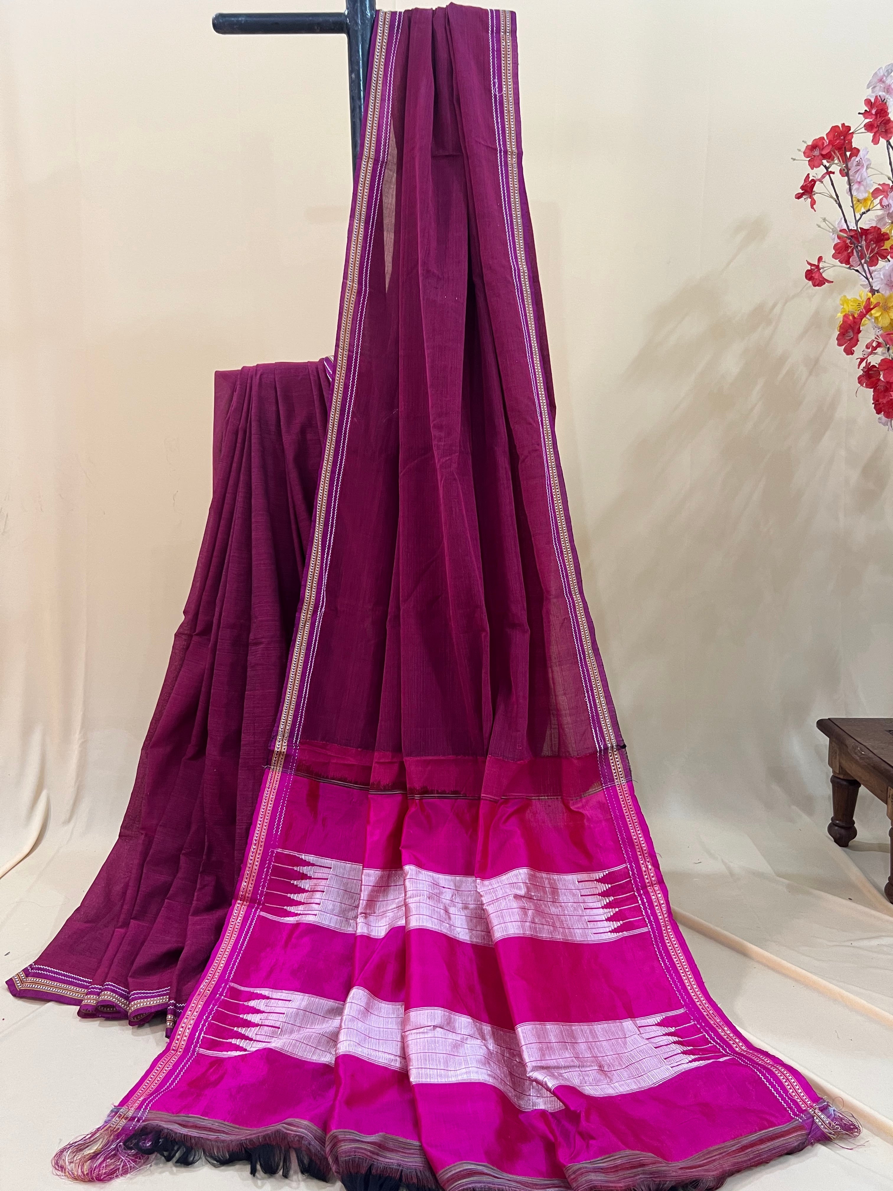 Deep Plum with Magenta Silk Pallu Ilkal Cotton Silk Saree