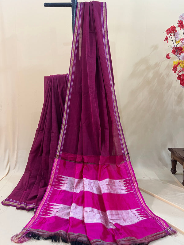 Deep Plum with Magenta Silk Pallu Ilkal Cotton Silk Saree
