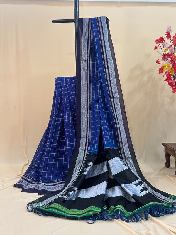 Indigo Blue Checkered with Silver Pallu Ilkal Cotton Silk Saree