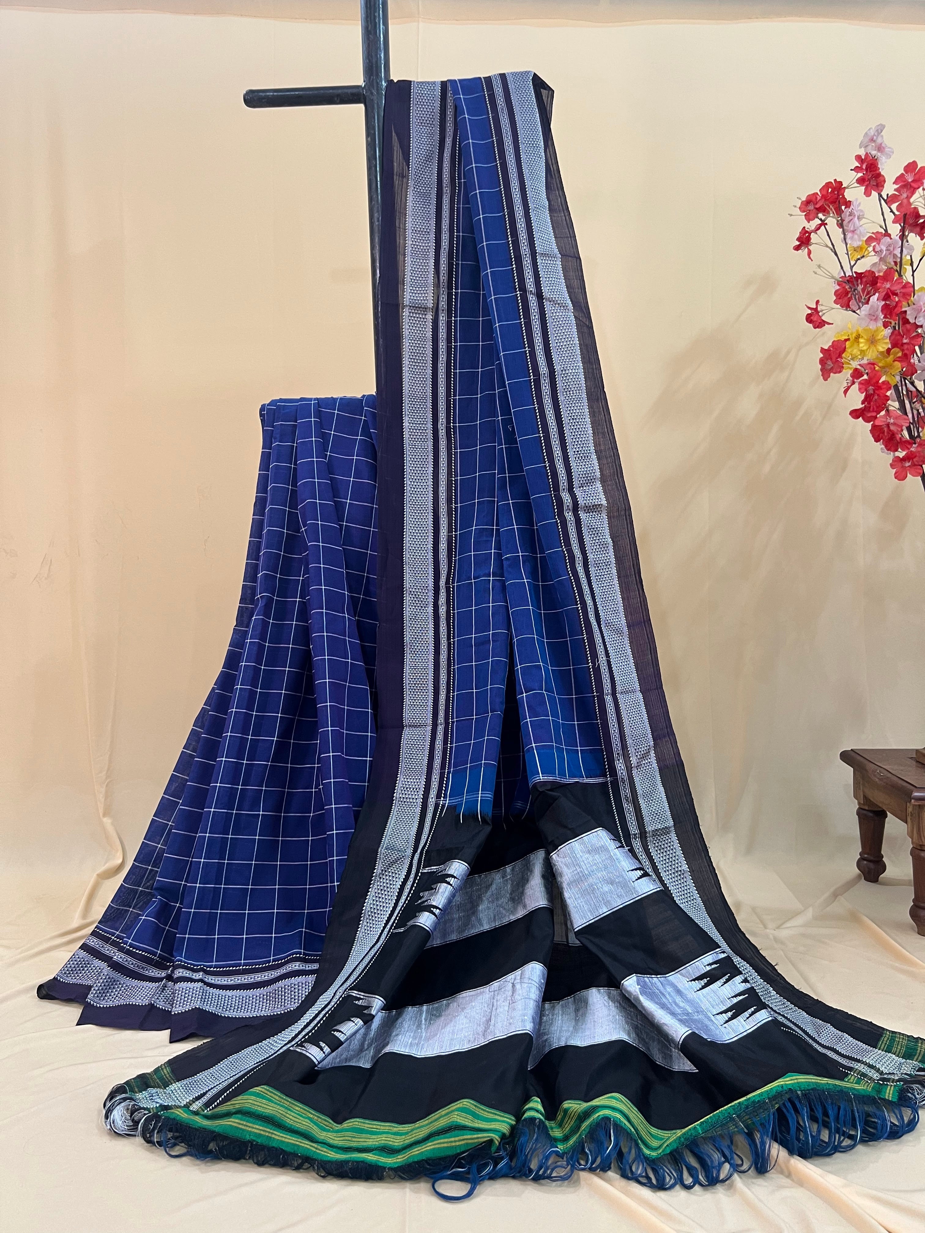 Indigo Blue Checkered with Silver Pallu Ilkal Cotton Silk Saree