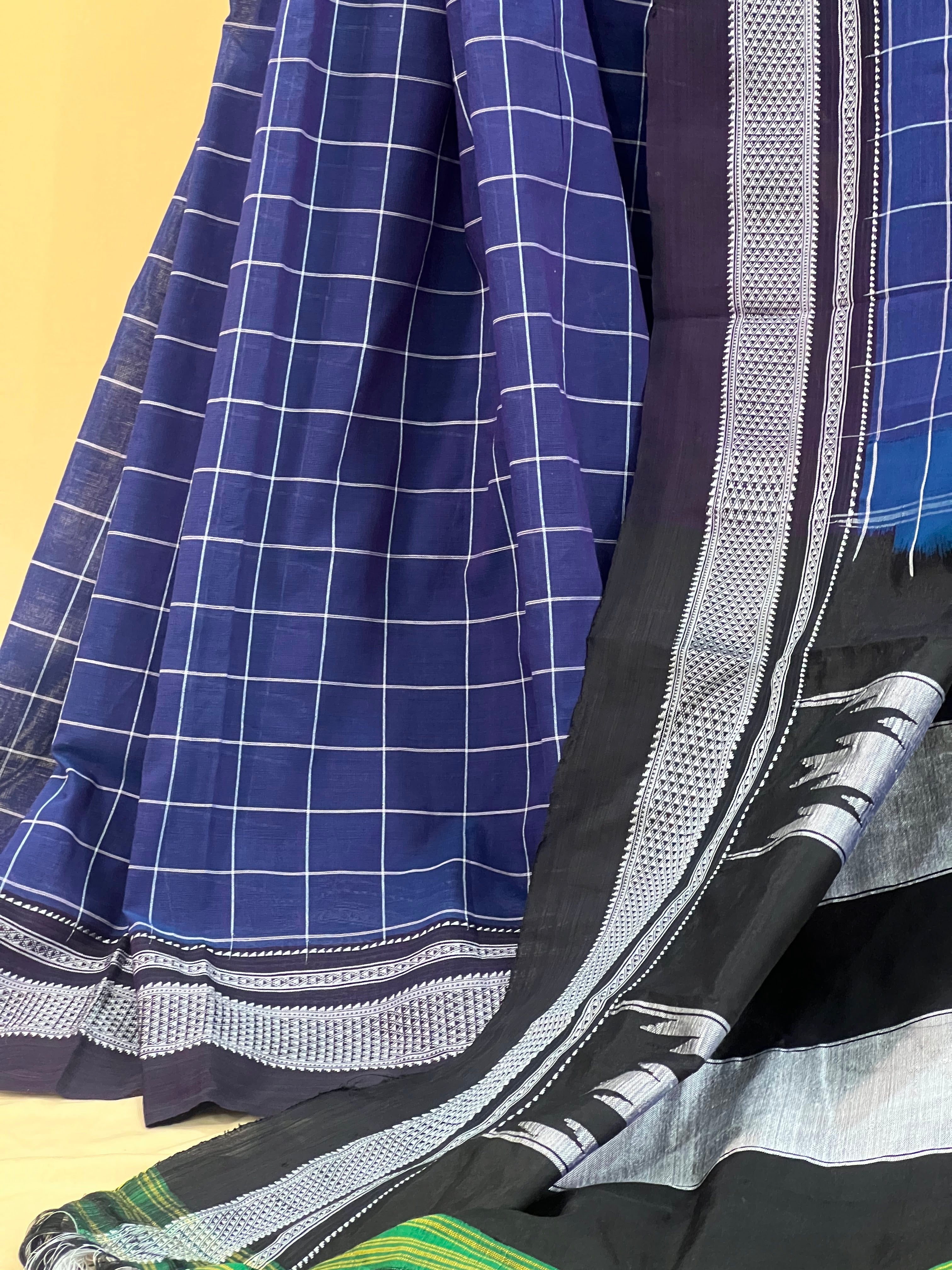 Indigo Blue Checkered with Silver Pallu Ilkal Cotton Silk Saree