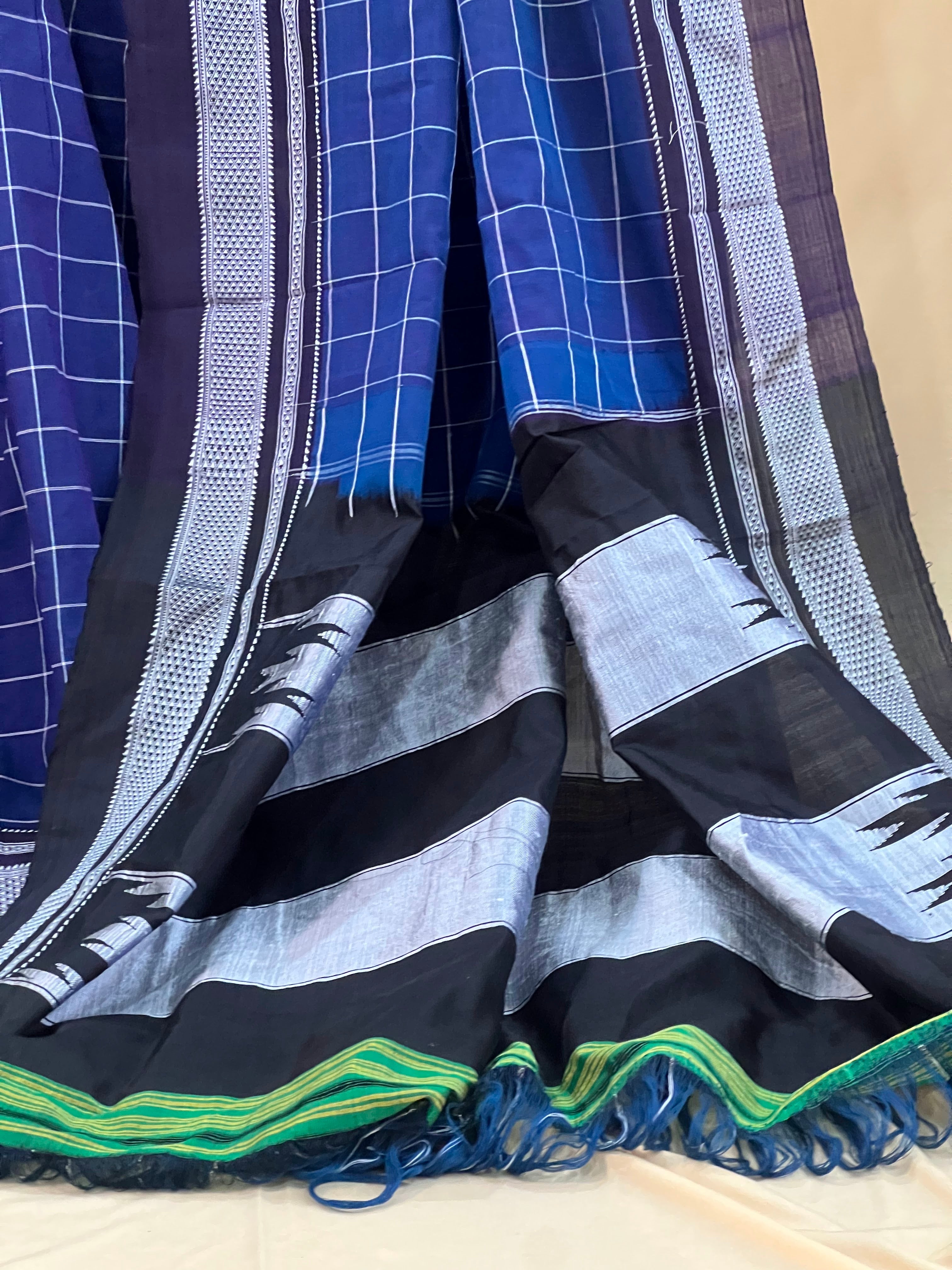 Indigo Blue Checkered with Silver Pallu Ilkal Cotton Silk Saree