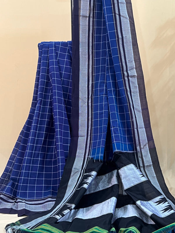 Indigo Blue Checkered with Silver Pallu Ilkal Cotton Silk Saree