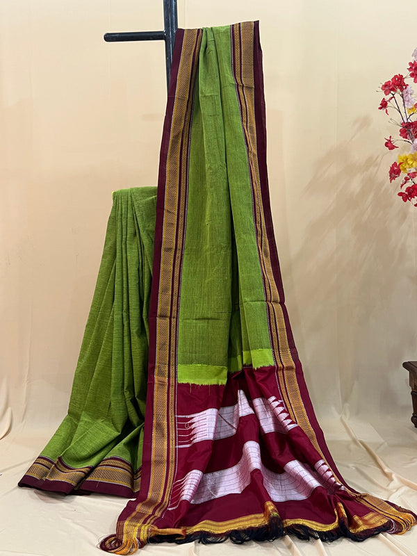 Leaf Green with Maroon & Gold Border Ilkal Cotton Silk Saree