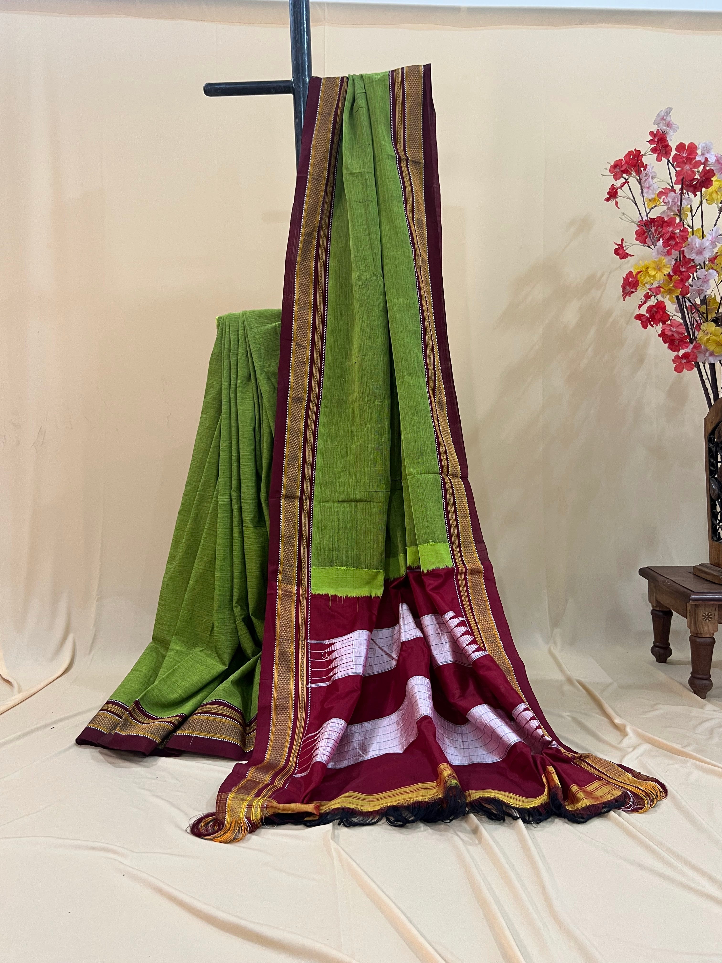 Leaf Green with Maroon & Gold Border Ilkal Cotton Silk Saree