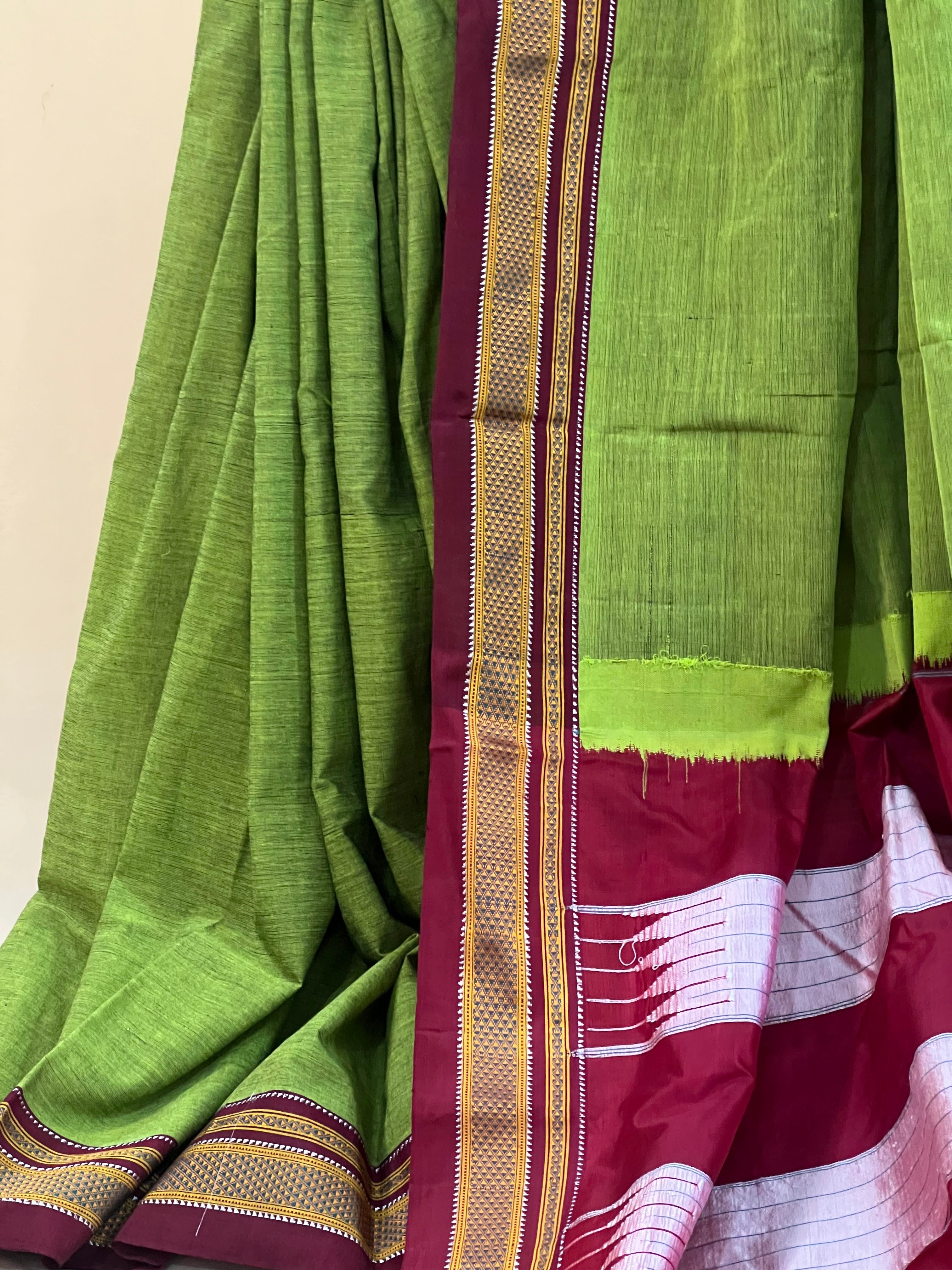 Leaf Green with Maroon & Gold Border Ilkal Cotton Silk Saree