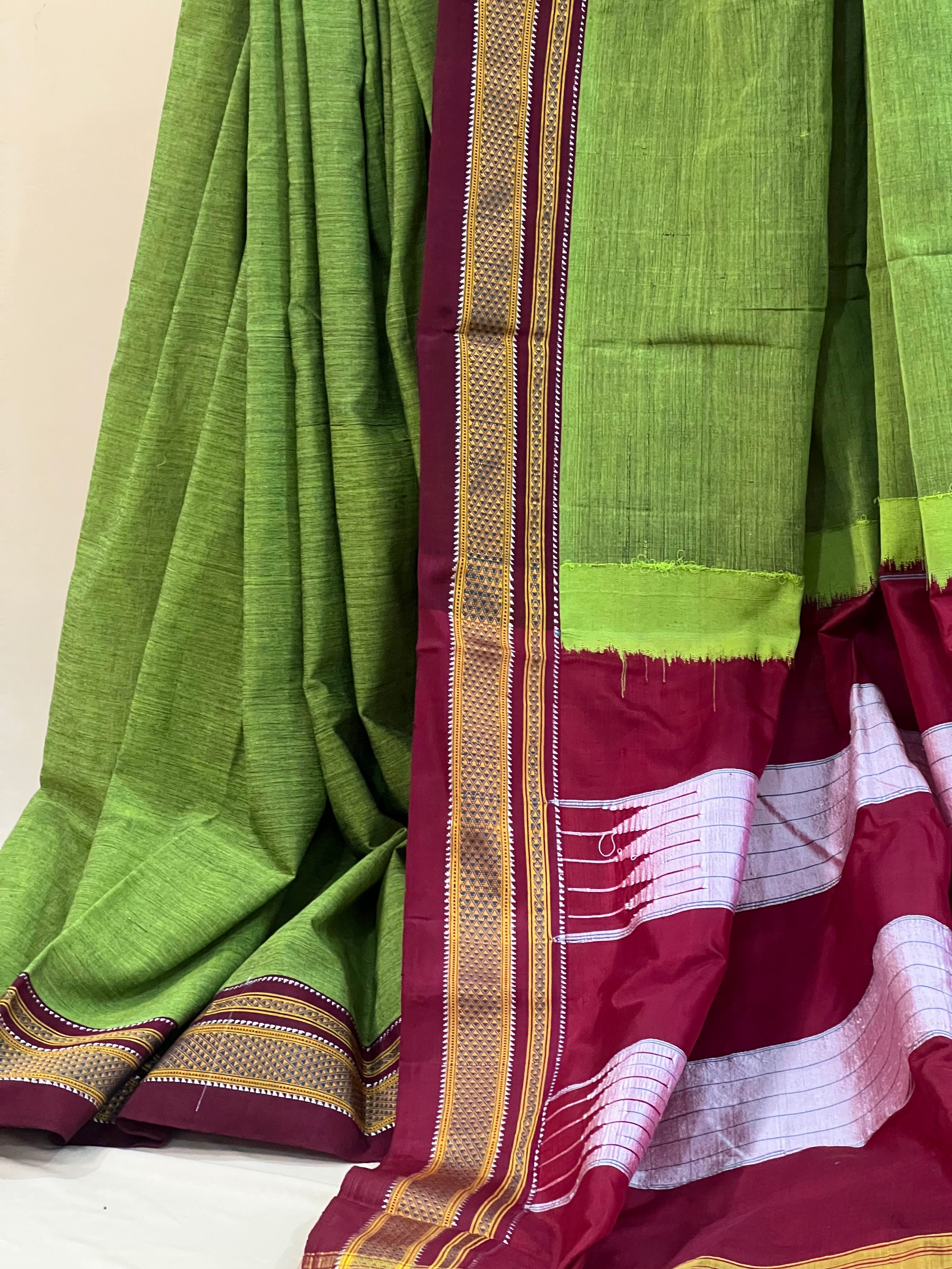 Leaf Green with Maroon & Gold Border Ilkal Cotton Silk Saree