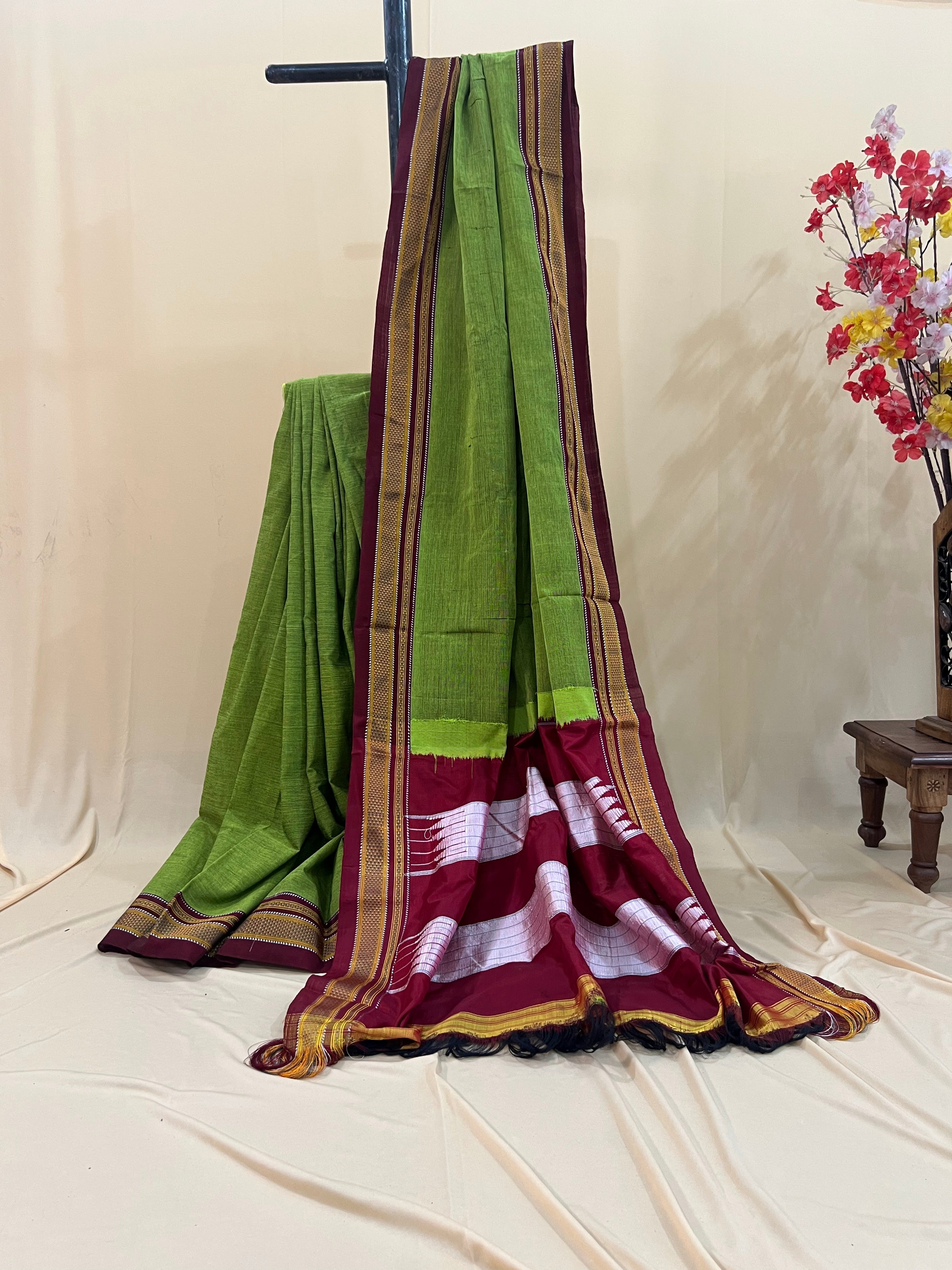 Leaf Green with Maroon & Gold Border Ilkal Cotton Silk Saree