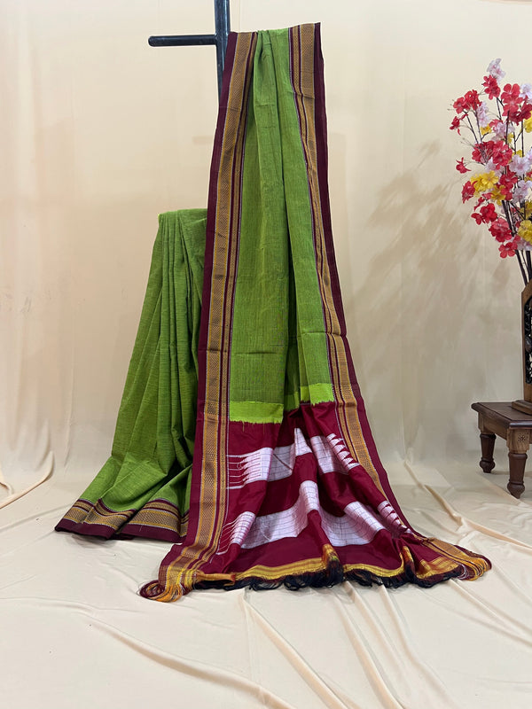 Leaf Green with Maroon & Gold Border Ilkal Cotton Silk Saree