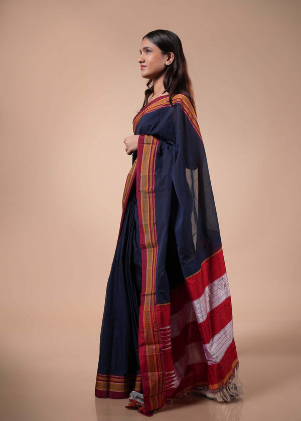 Navy Blue with Deep Red Pallu Ilkal Cotton Silk Saree
